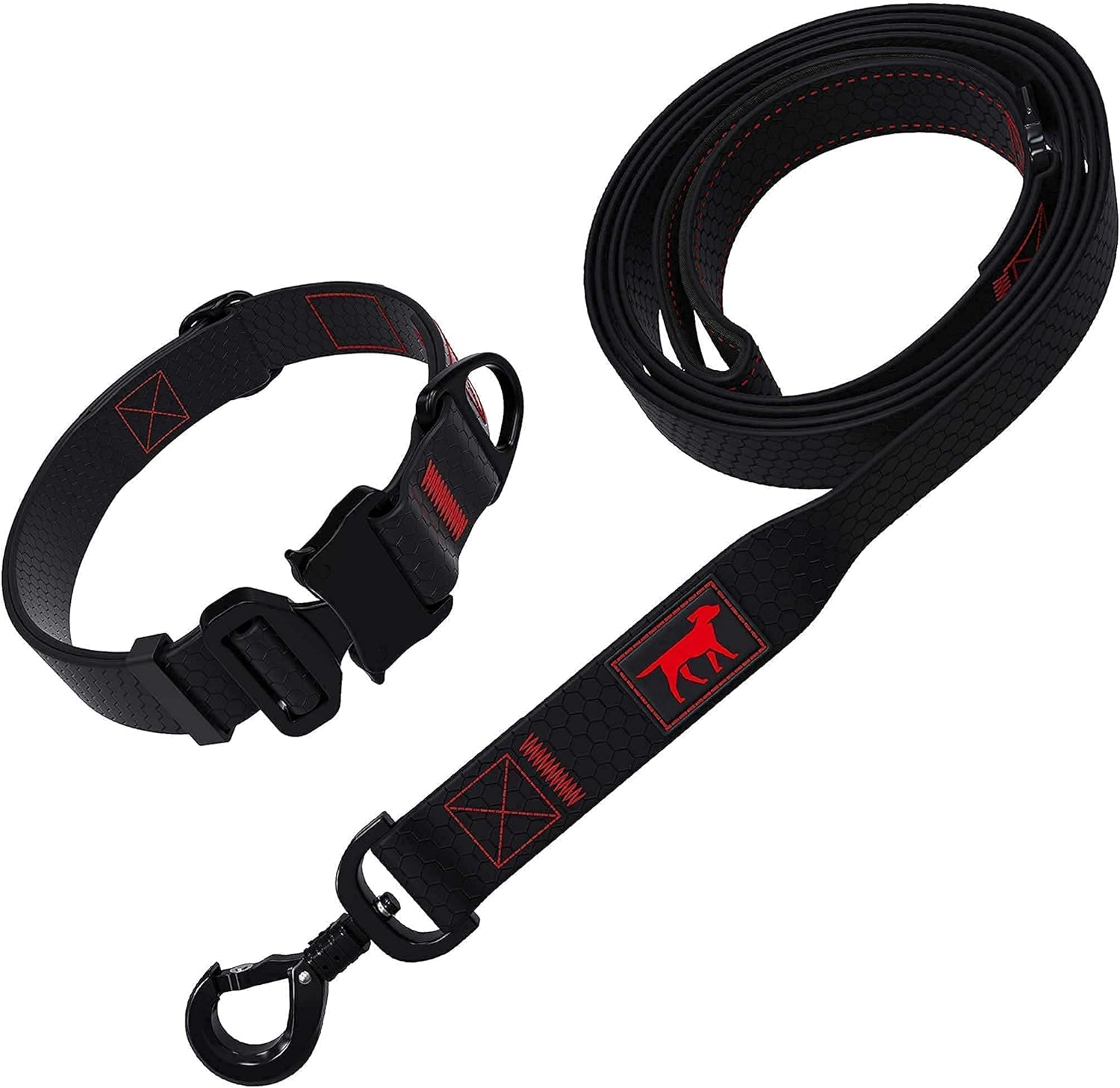 Tuff Pupper Action Leash and Action Collar (Neck Size 17-24”) | Matching Black Color | Heavy Duty Aluminum Hardware | PVC Coated Webbing | Water Proof & Odor Free | Rust-Proof Buckle | Tactical Style