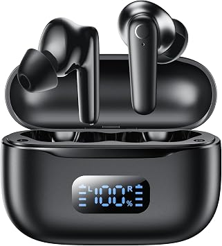 kurdene Wireless Earbuds, Bluetooth 5.4 Headphones Bass Stereo, in-Ear Ear Buds with 10mm Clear Calls, Digital Display Case, Lightweight Secure Fit for Work, Commute, Gaming, Running, Black