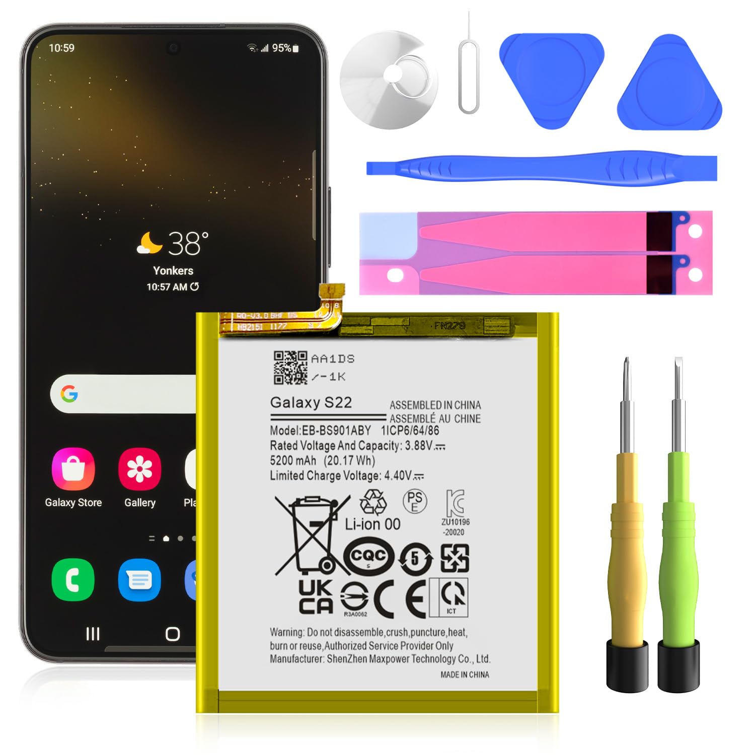 Akku für Galaxy S22, 5200 mAh EB-BS901ABY Ersatzakku für S22 5G SM-S901 S901B S901F S901E S901N S9010 S901U S901W mit Reparatur-Tool-Kit