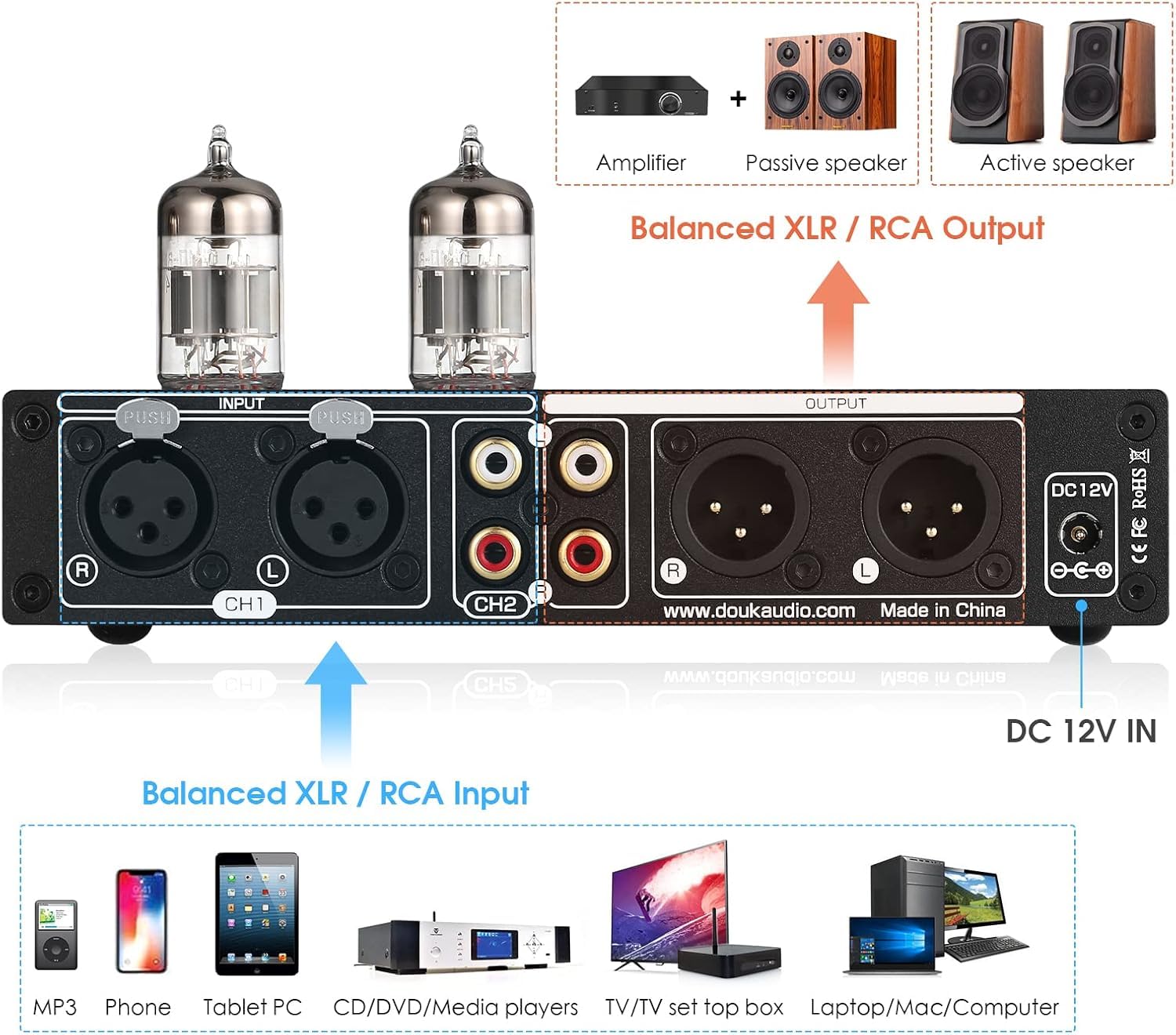 Preamplificador Ecualizador de 7 Bandas con válvulas de vacío Douk Audio HiFi y preamplificador XLR para el hogar (T8 Pro)