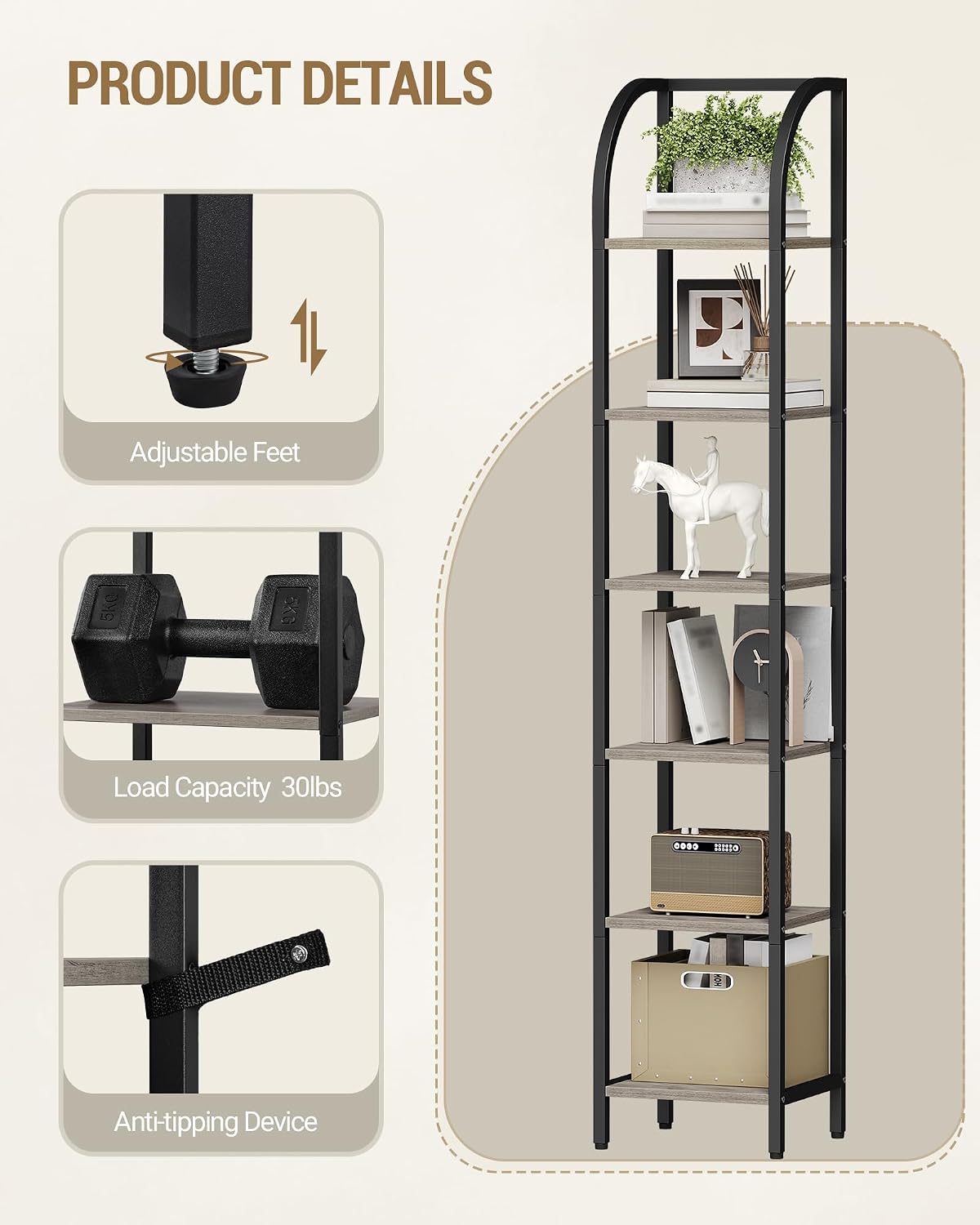 Hzuaneri Bookshelf Narrow Bookcase, Tall Storage Rack with Steel Frame image 5
