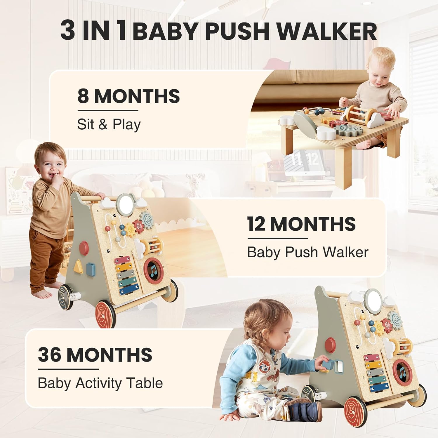 Baby Push Walker with Wheels for 6-12 Months Boys Girls, Walking Toys for 1 Year Old Learning to Walk