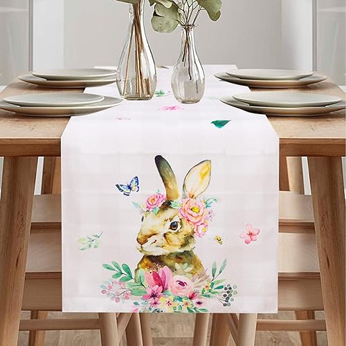 Camino de mesa de Pascua con diseño de conejito de conejo, camino de mesa de comedor de temporada de primavera y verano, decoración de fiesta del