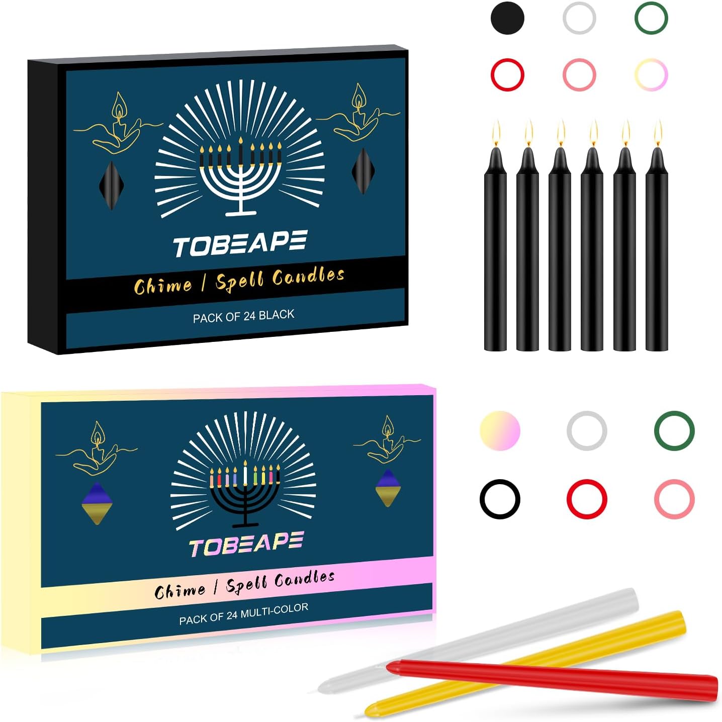Tobeape 24 Pack 4 inch Black Spell Candle & 10 inch Colored Taper Candles for Wedding Dinner Party Home Décor, Long Burning Spell Chime Candles for Witchcraft Rituals Prayer Meditation