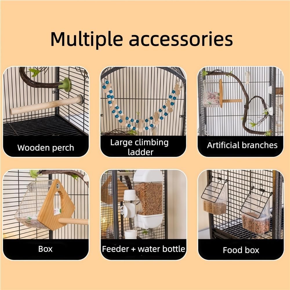39.4-Inch Large Metal Bird Cage, Luxury Birdcage with Double Doors & Accessories, Freestanding Parrot Cage for Lovebirds, Cockatiels, Grey Parrots(Black)