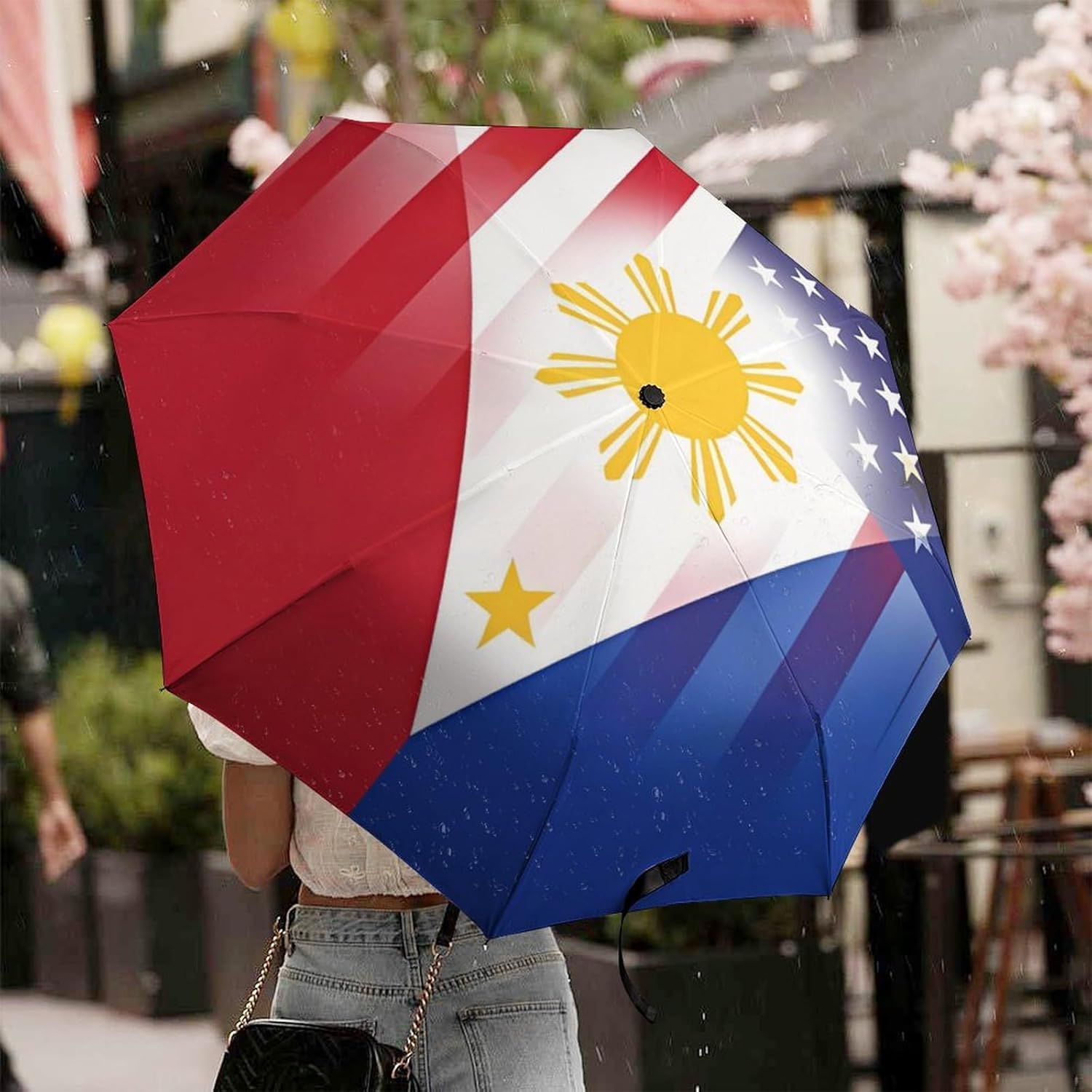 U.S. Philippines FlagTravel 3 Fold Umbrellas Windproof Automatic and Manual Umbrella Portable for Rain and Sun