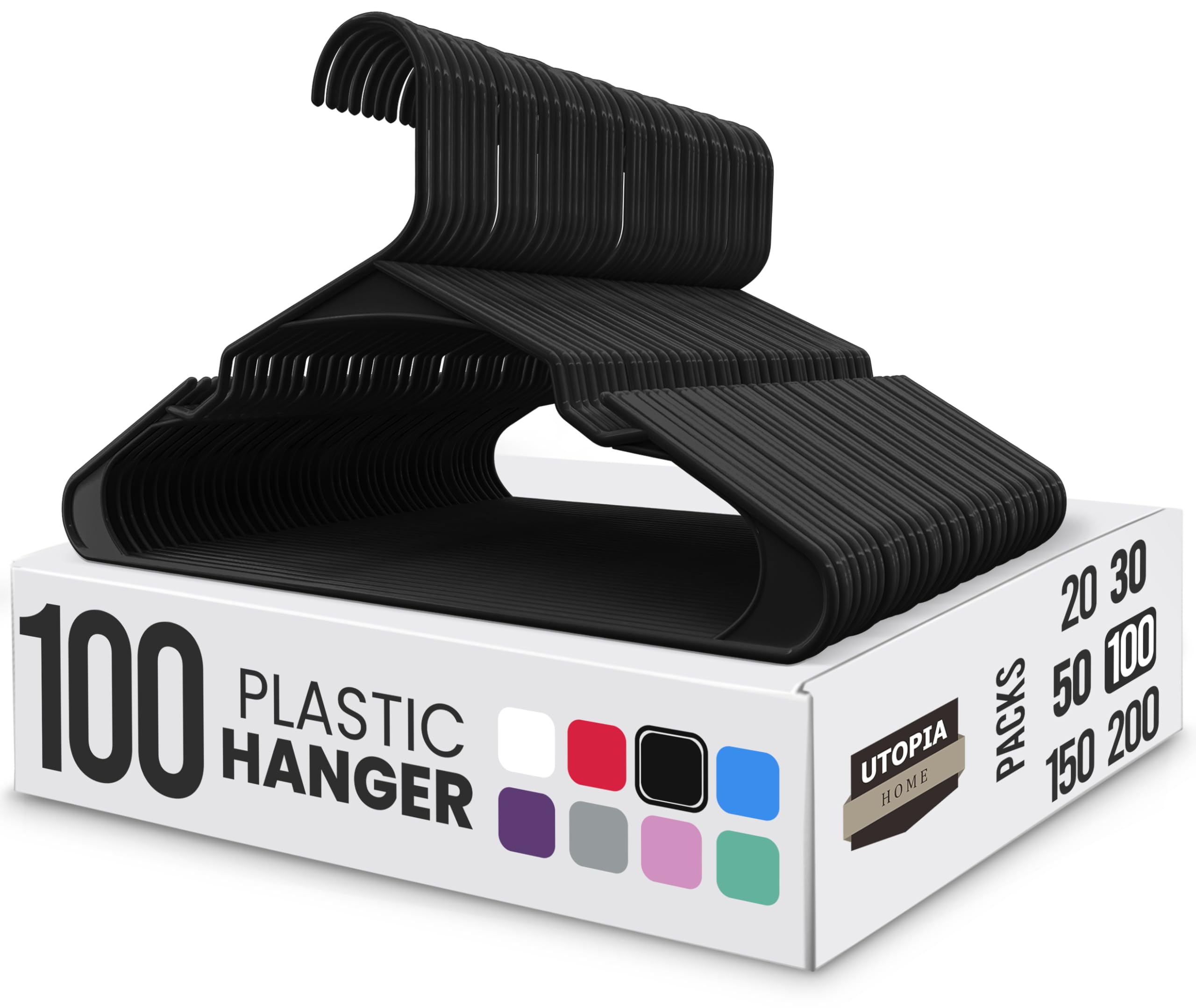 Utopia Home Plastic Hangers 100 Pack - Perfect Space Saving Clothes Hanger - Durable and Strong - Perfect Closet Organizers with Shoulder Grooves (Black)