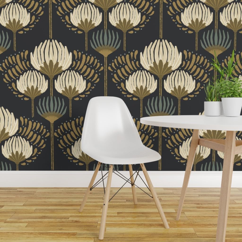 Spoonflower Removable Wallpaper Swatch - Hollywood Regency Neutral Floral Large Scale Vintage Art Deco Cream Bronze Black Custom Pre-Pasted Wallpaper