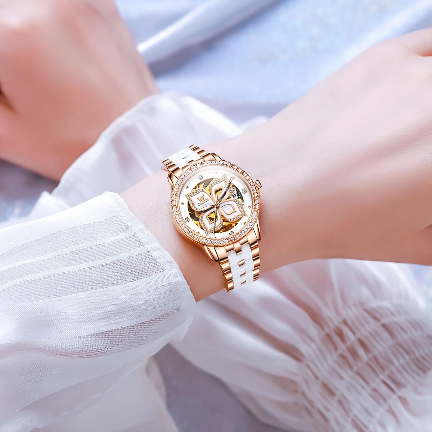 OLEVS Women Watches Automatic Rose Gold Diamond Skeleton Luminous Elegant Colorful Butterfly Stainless Steel Ceramic Strap Butterfly Gift Set for Ladies - Image 4