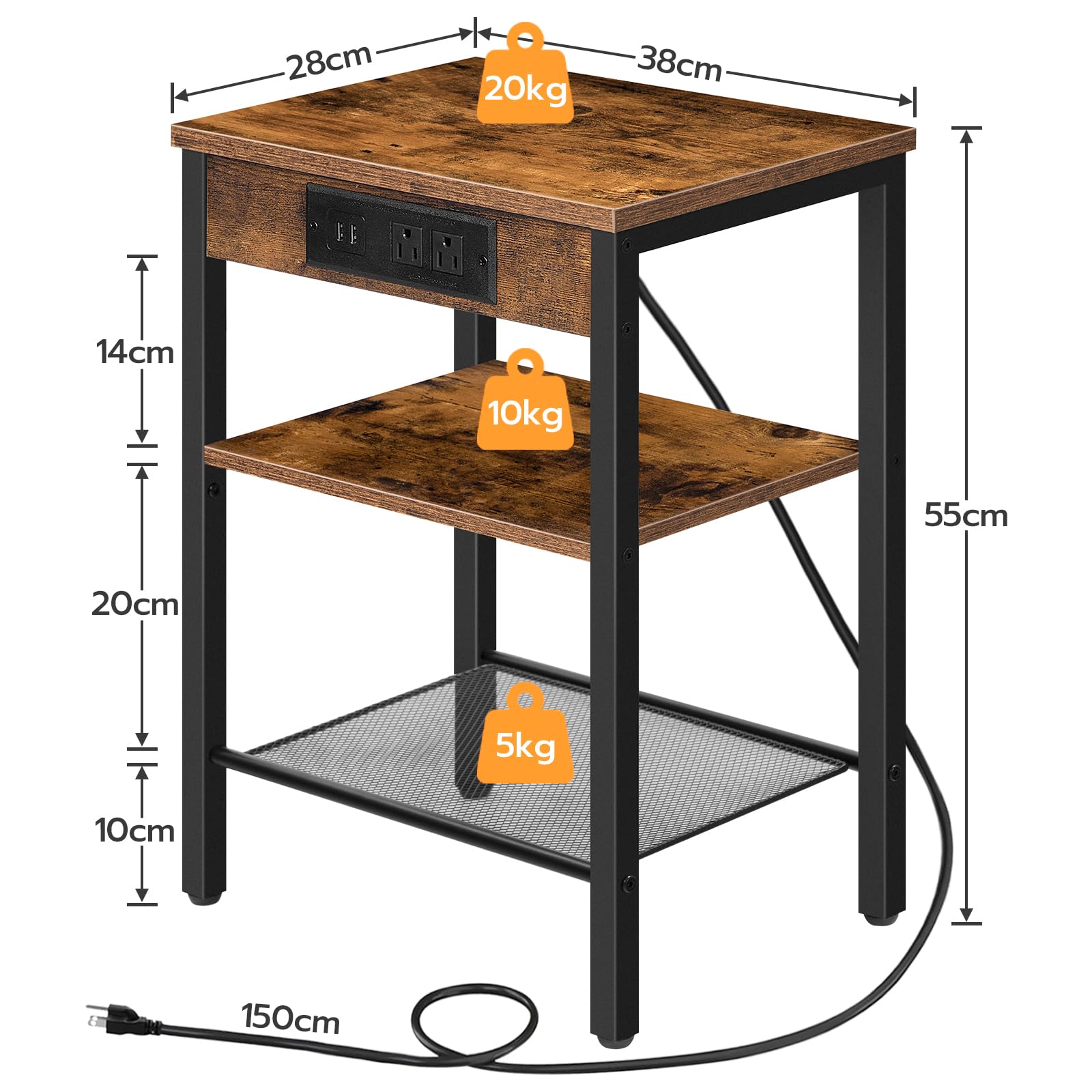 HOOBRO Tall Side Table for Living Room, Tall End Table with Charging Station, Industrial Sofa Side Table with Open Storage Shelf, High Bedside Table for Bedroom, Rustic Brown and Black EBF112KBZ01