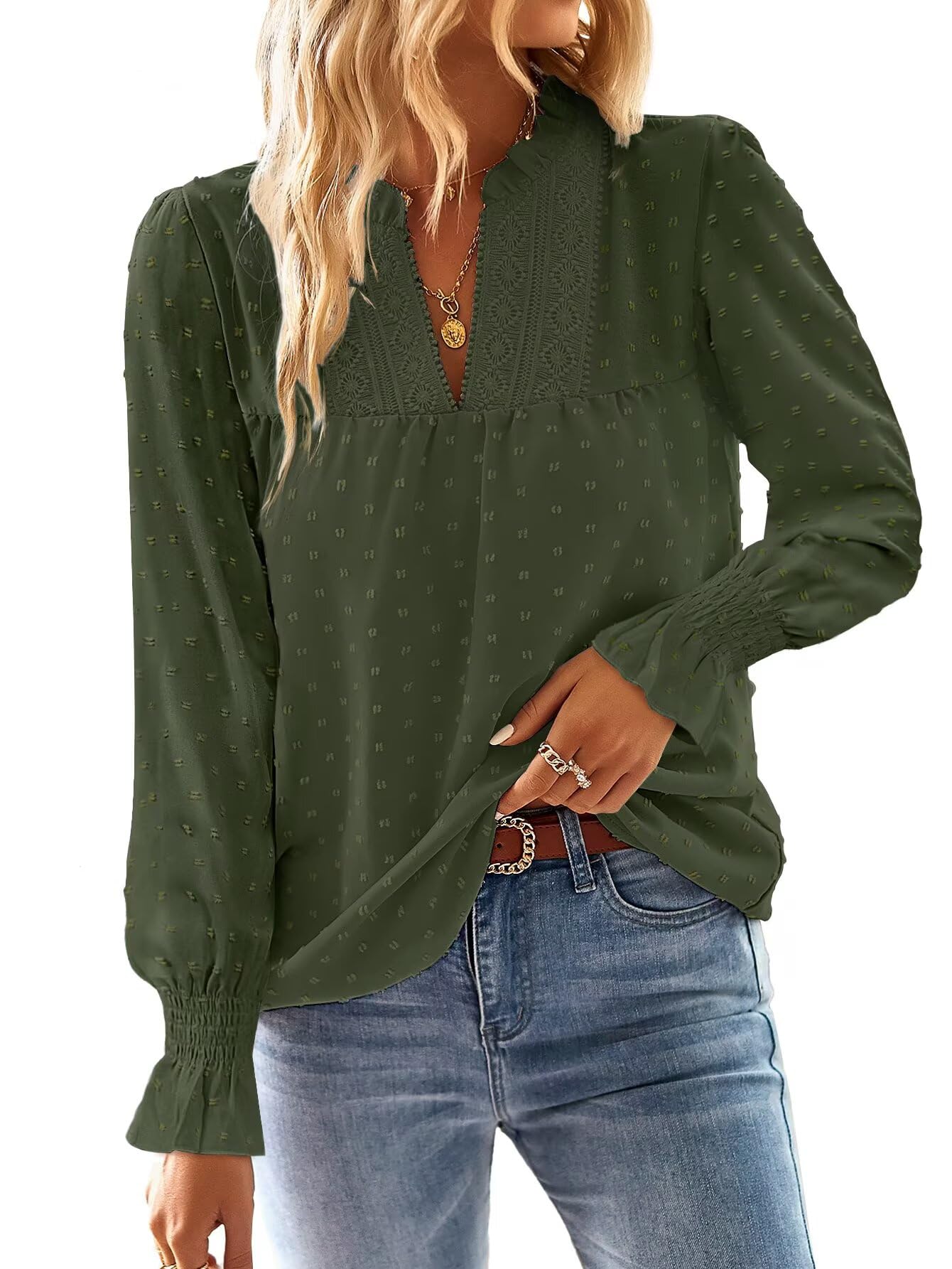 TUUHAW Langarmshirt Damen Herbst Boho Top Oberteile Fließend Elegant V-Ausschnitt T Shirt Süß Lässig Outfits Frühling Winter Longshirt Spitze Kleidung Paspel Volant