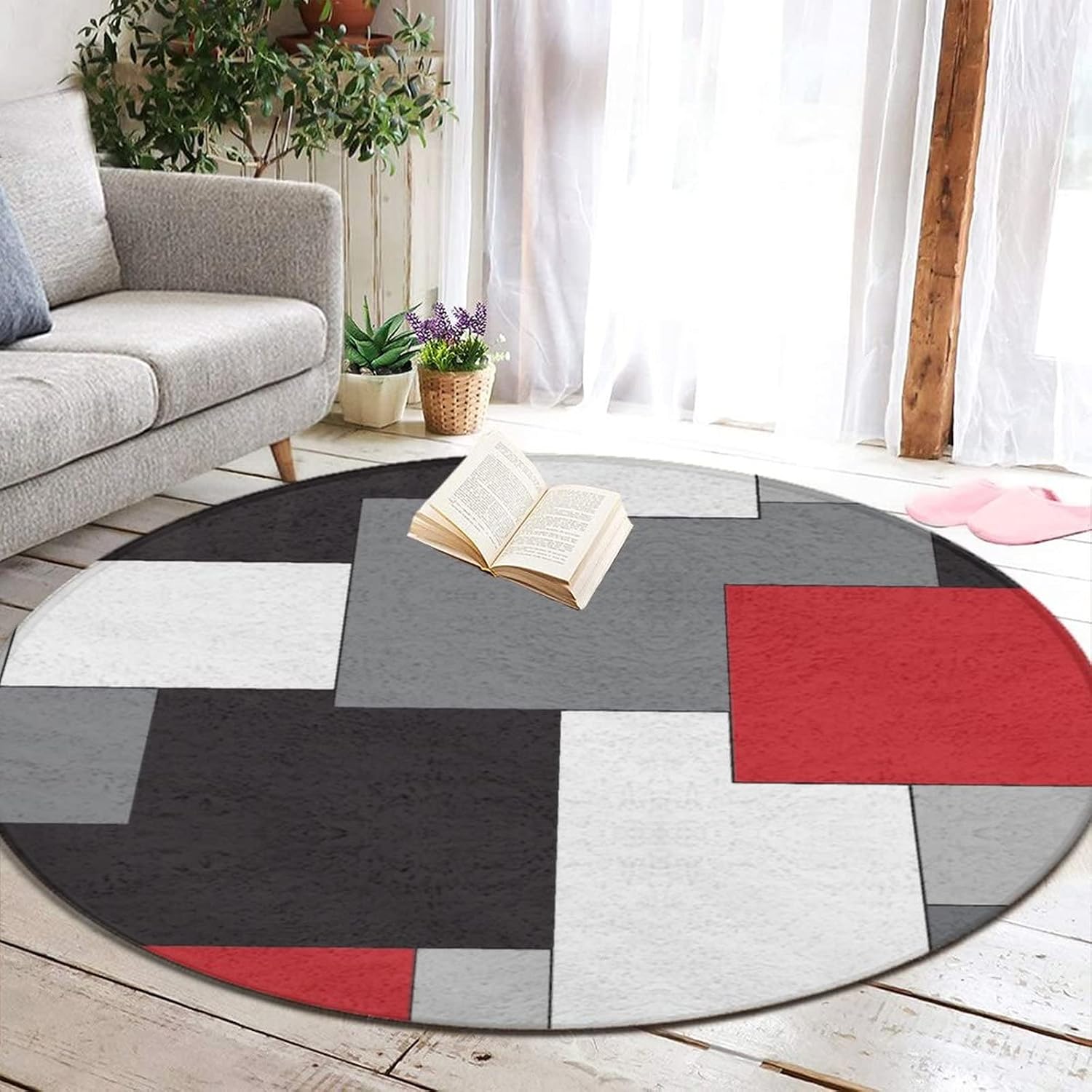 Soft Round Area Rug Play Mat Circle Floor Mat Carpet Mat for Bedroom Living Room Nursery Decor, 3ft Diameter, White Grey Black Red Irregular Geometric
