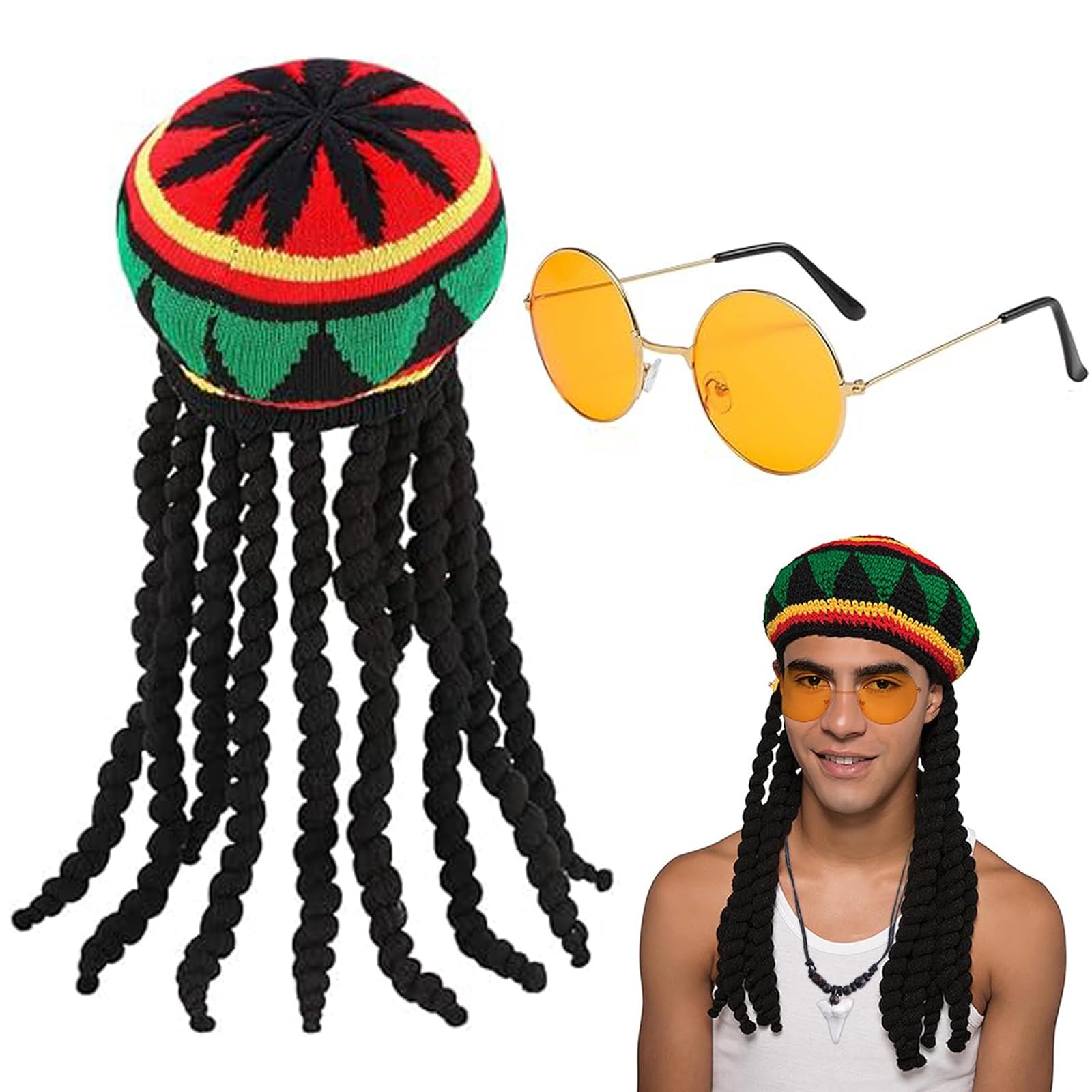 XZSKD Rasta Hat With Yellow Glasses, Long Braided Wig Cap, Jamaican Dreadlocks Wig, Caribbean Fancy Dress Costume for Parties, Cosplay, Masquerade
