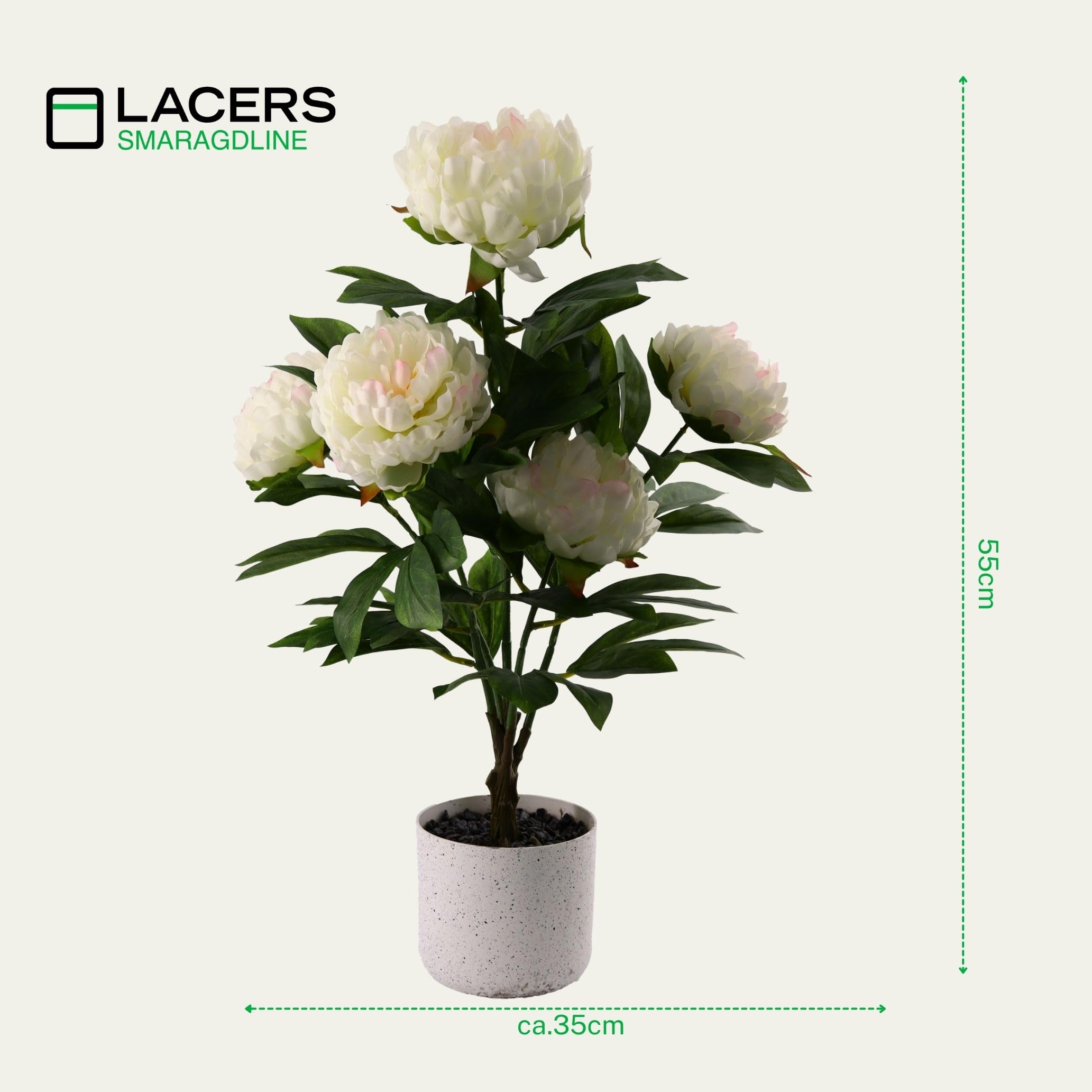 Lacers SMARAGDLINE künstliche Pfingstrosen 2er Set weiß - 55cm künstliche Pflanzen dekorative kunstpflanze im Topf lebendige Farben wie echt wirkende Blätter & Blüten für Ihr Zuhause & Büro