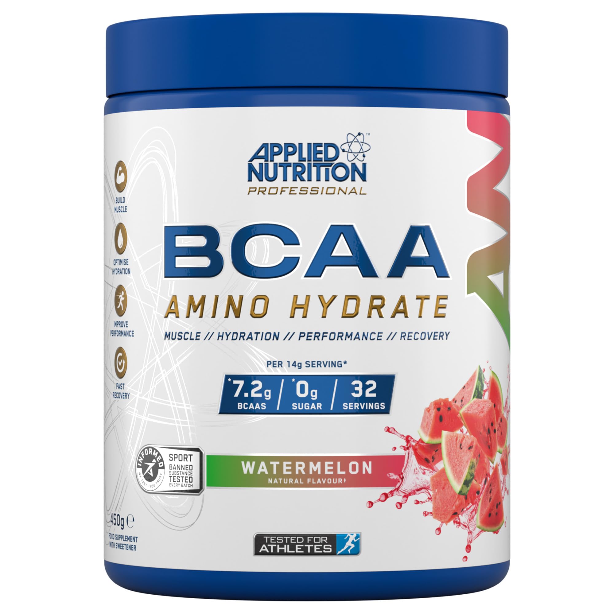 Applied NutritionBCAA Powder - Branched Chain Amino Acids BCAAs Supplement, Amino Hydrate Intra Workout & Recovery Energy Drink (450g - 32 Servings) (Watermelon)