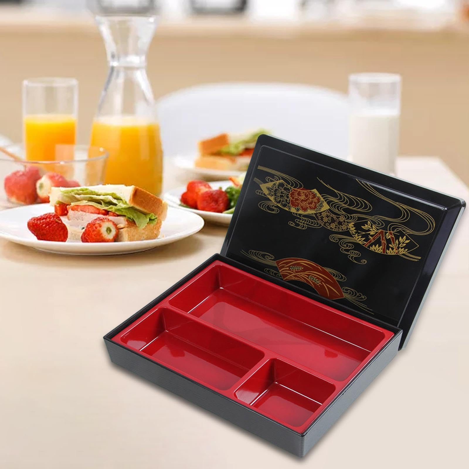 Bento Japonais Boîte à Déjeuner Plateau de Service avec Couvercle Récipient Alimentaire Trois Compartiments Matériau Facile à Nettoyer Adapté Bureau