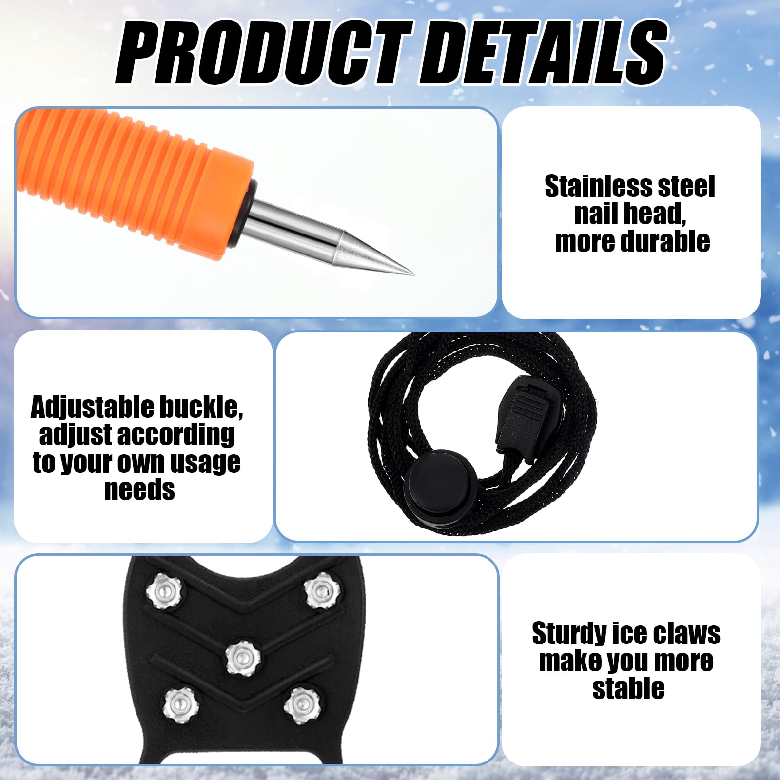 Soulchen Ice Safety Equipment Set 8 Zähne Nieten Eisklampen mit Picks Orange Whistle, Thermoplastisches Silikon Mangan Stahl, Anti-Rutsch für Winterangeln & Skaten