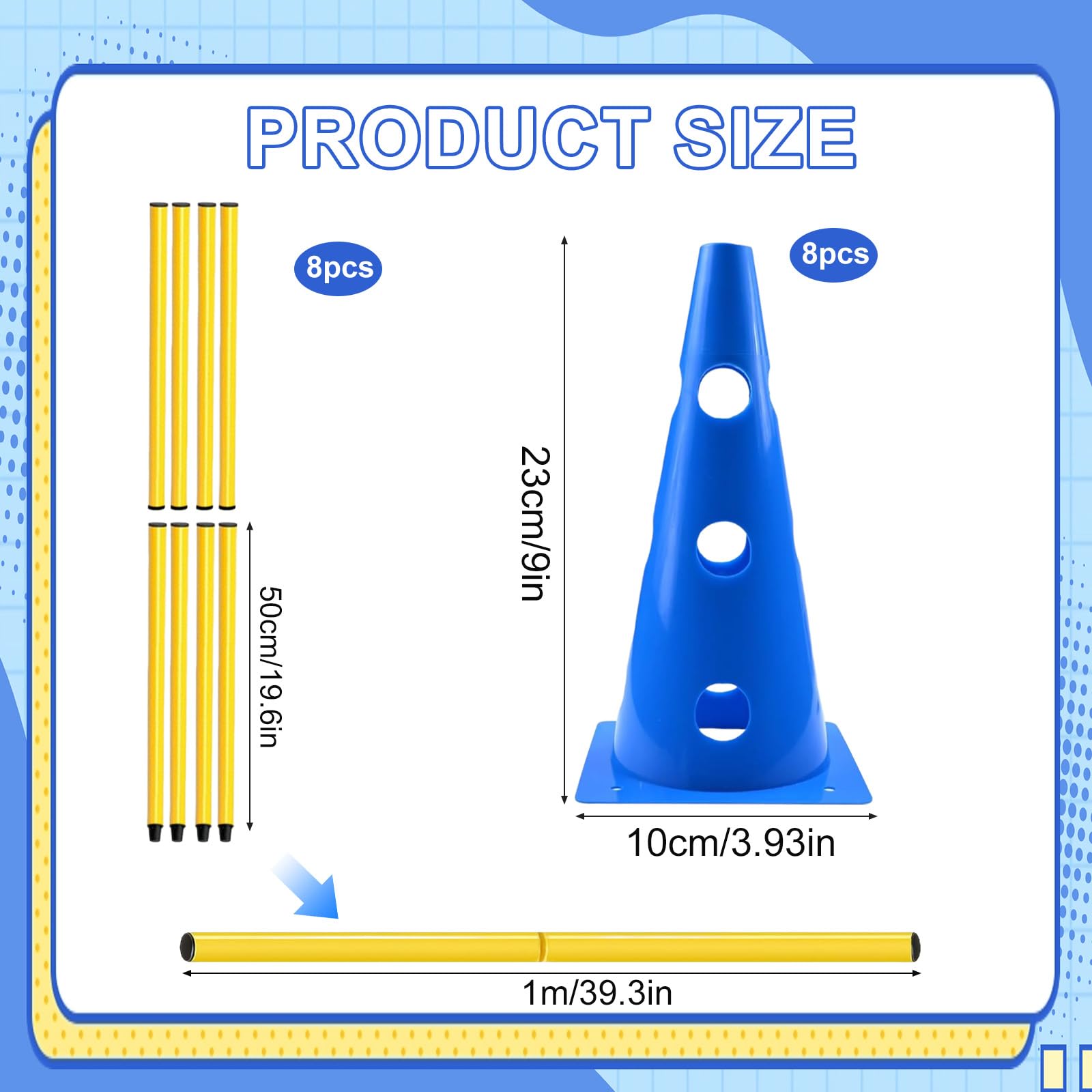4 Stück Steckhürdenset Große Hunde, Hundeparcours Kegel Plastik Agility Set Hunde Klein Indoor Einstellbare Trainingshürden mit 8 Kegel 23cm und 4 Stangen 100cm für Pylonen Hundetraining