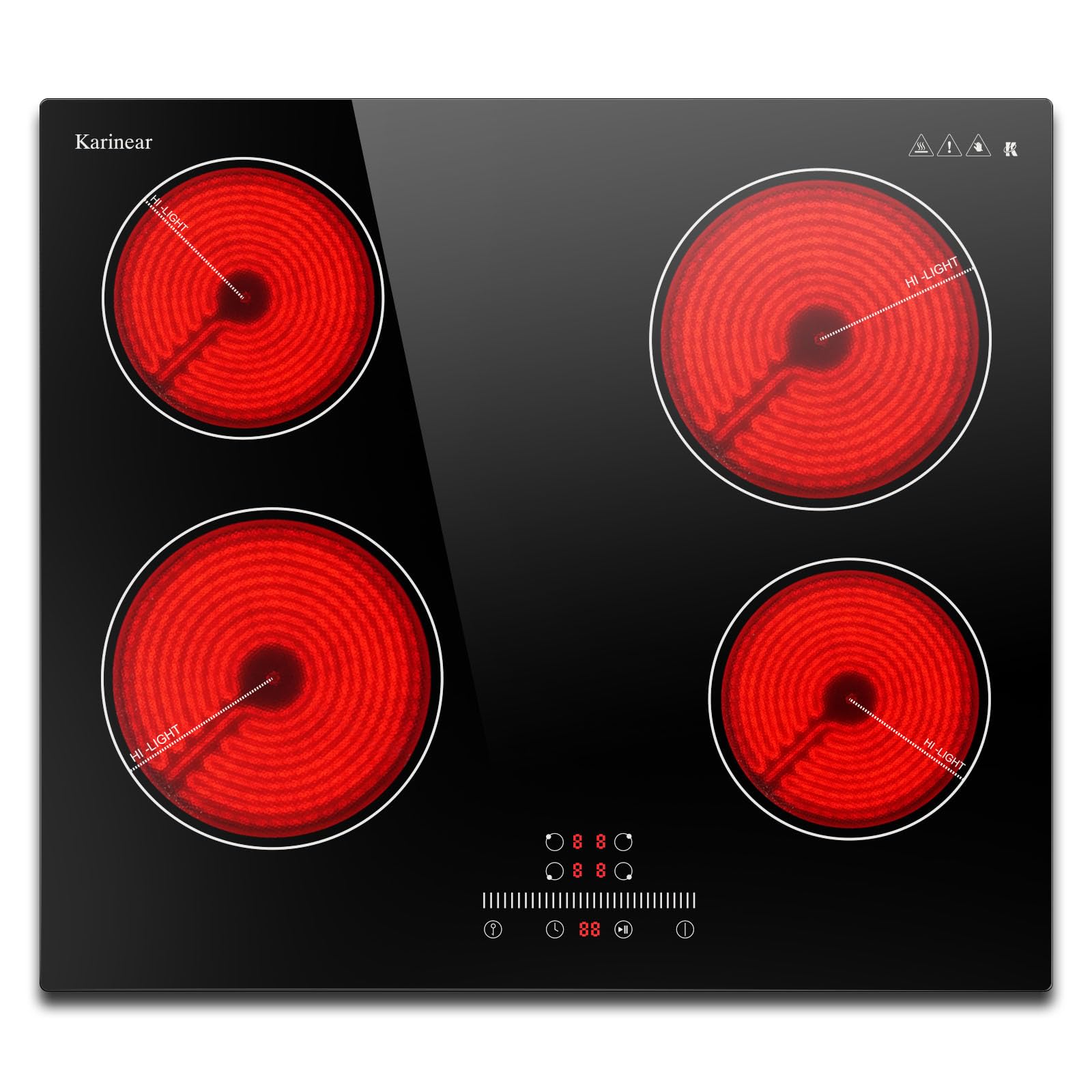 Karinear Placa vitroceramica 4 fuegos 60 cm, 6000 W, Control deslizante, 9 Niveles de potencia, Bloqueo de seguridad, Pausa, 220 V ~ 240 V, Sin enchufe.