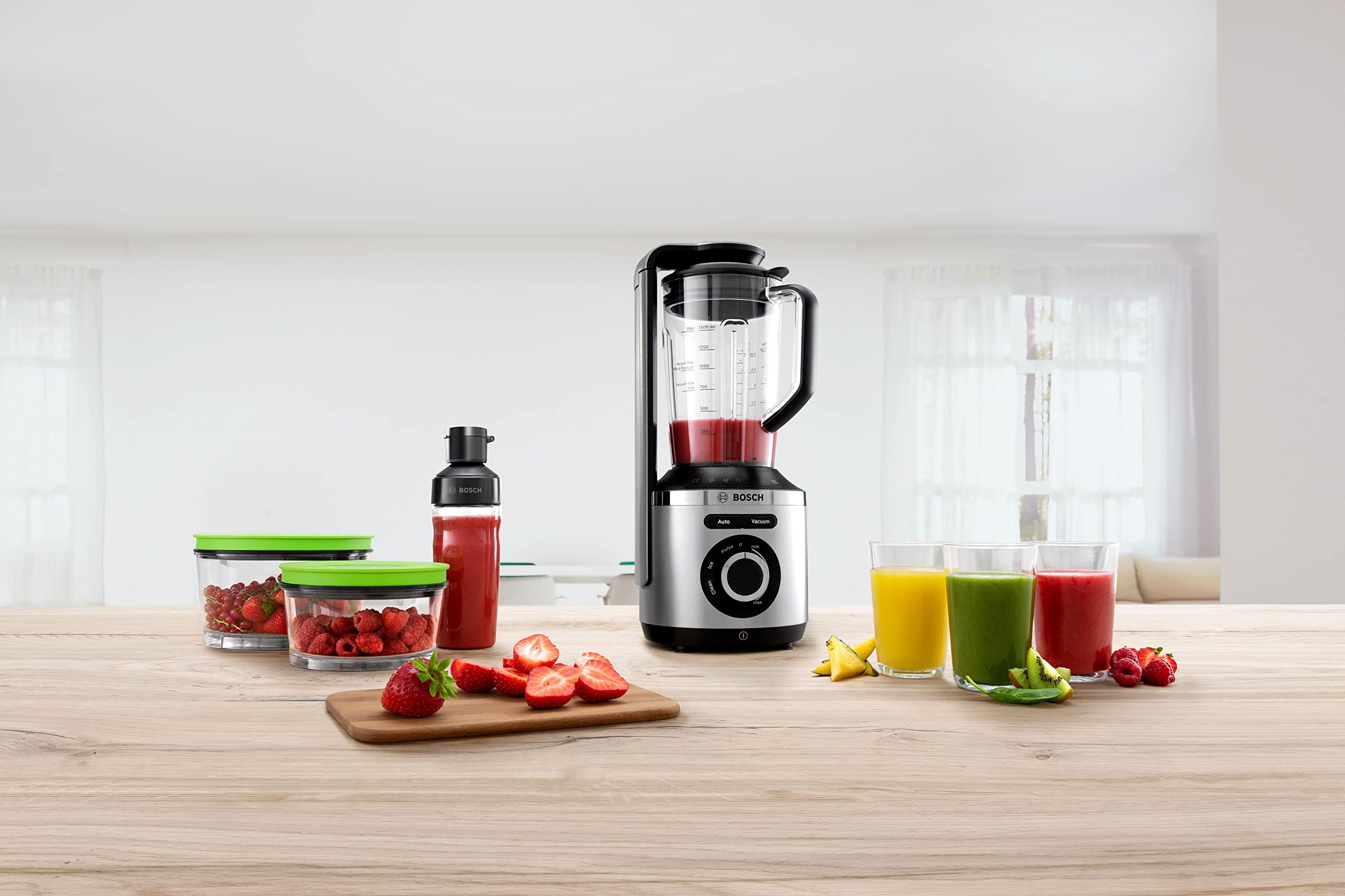 Bosch Hogar Bosch MMBV622M VitaMaxx - Batidora de vaso al vacío, con potencia de conexión 1000W, color plata, incluye Jarra de plástico tritán 1,5L y recipiente de vacío 0,75L