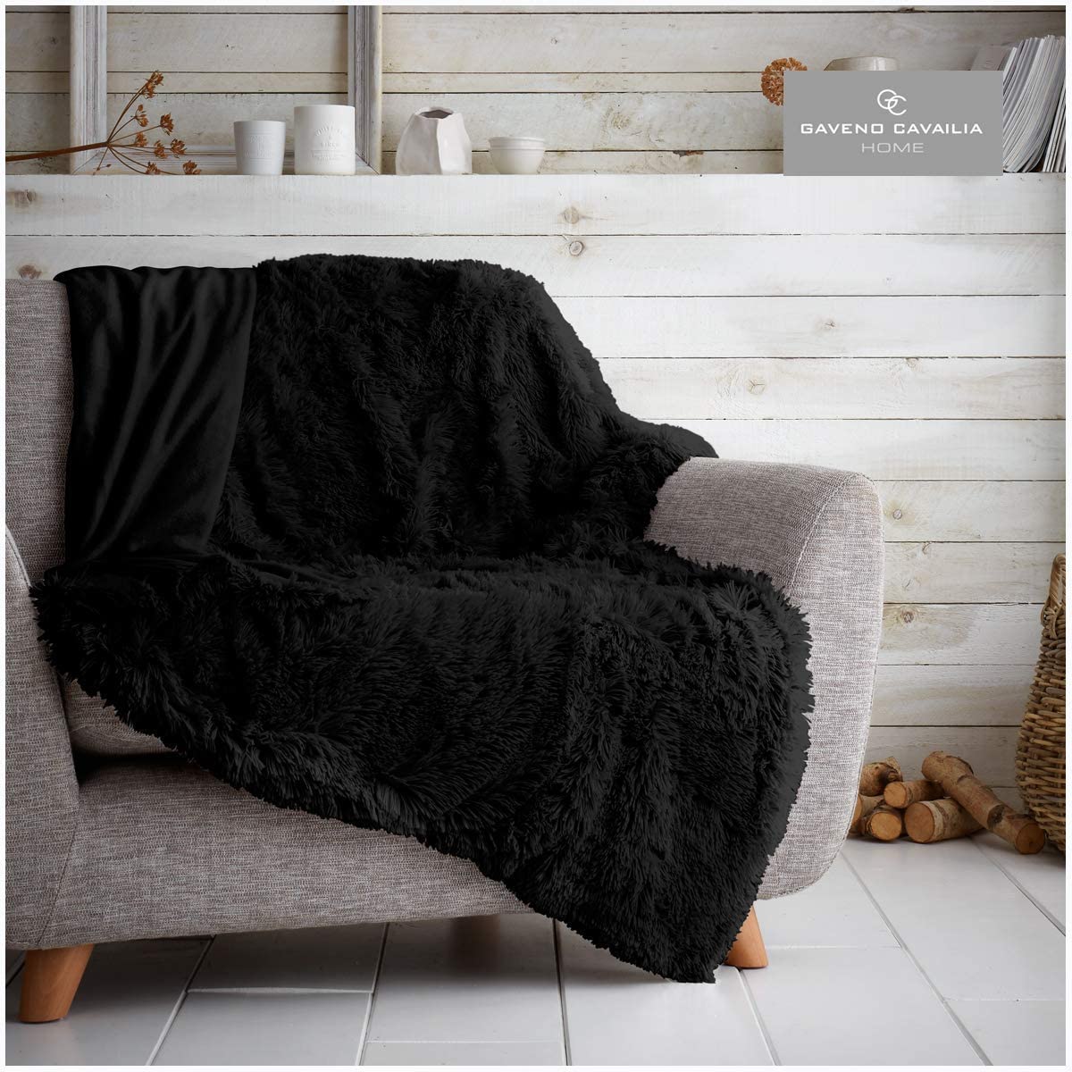 Lions HUG & SNUG Fluffy Fur Throw Blanket Large Sofa Bed Warm Cosy Fleece Throws, Super Soft, Double Size 150 x 200 cm (Black)