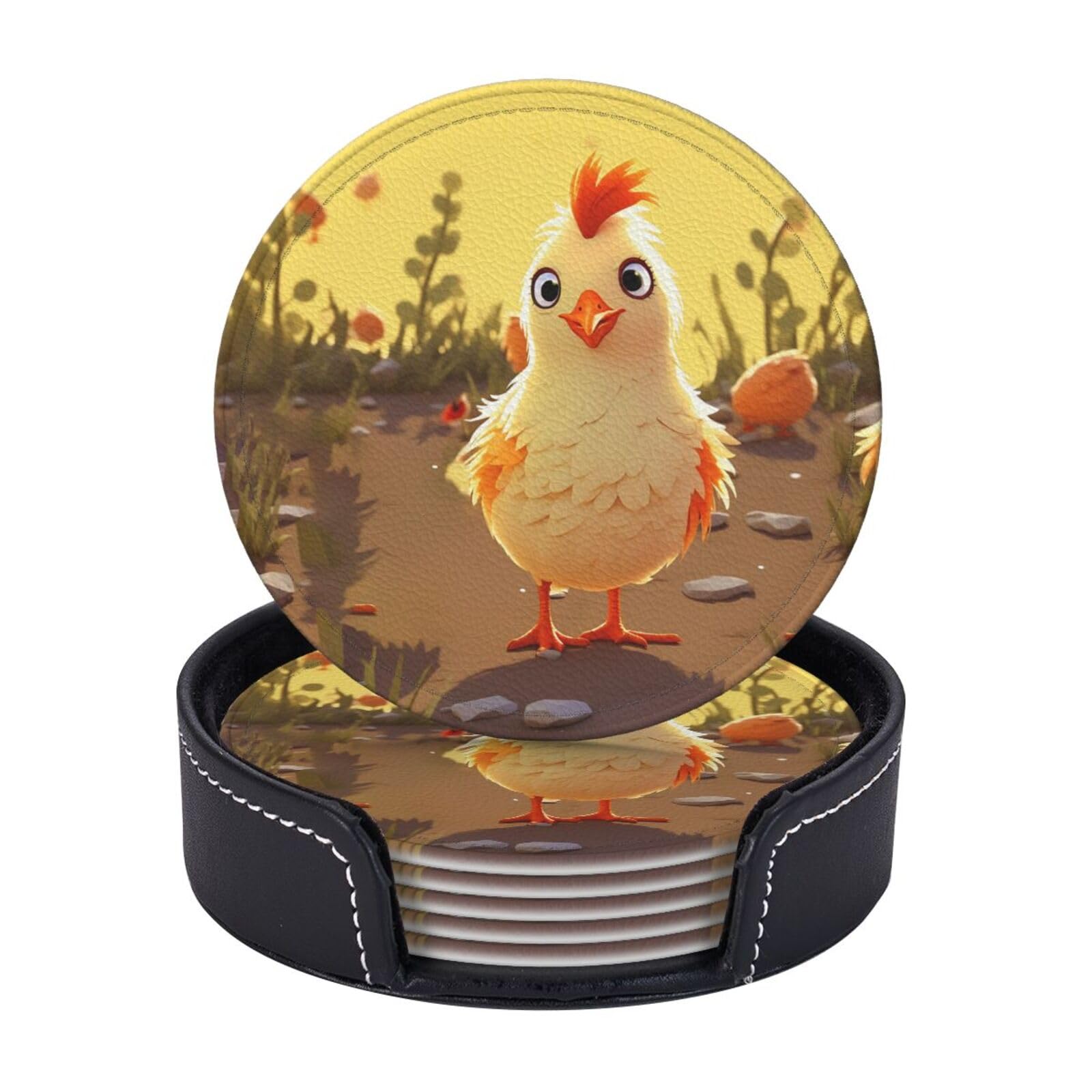 Round Coasters for Drinks Set of 6 - PU Leather Coasters with Holder - Modern Drink Coasters for Coffee Table - Chicken Chick Coaster for Tabletop Protection 4" Cup Mat Pad