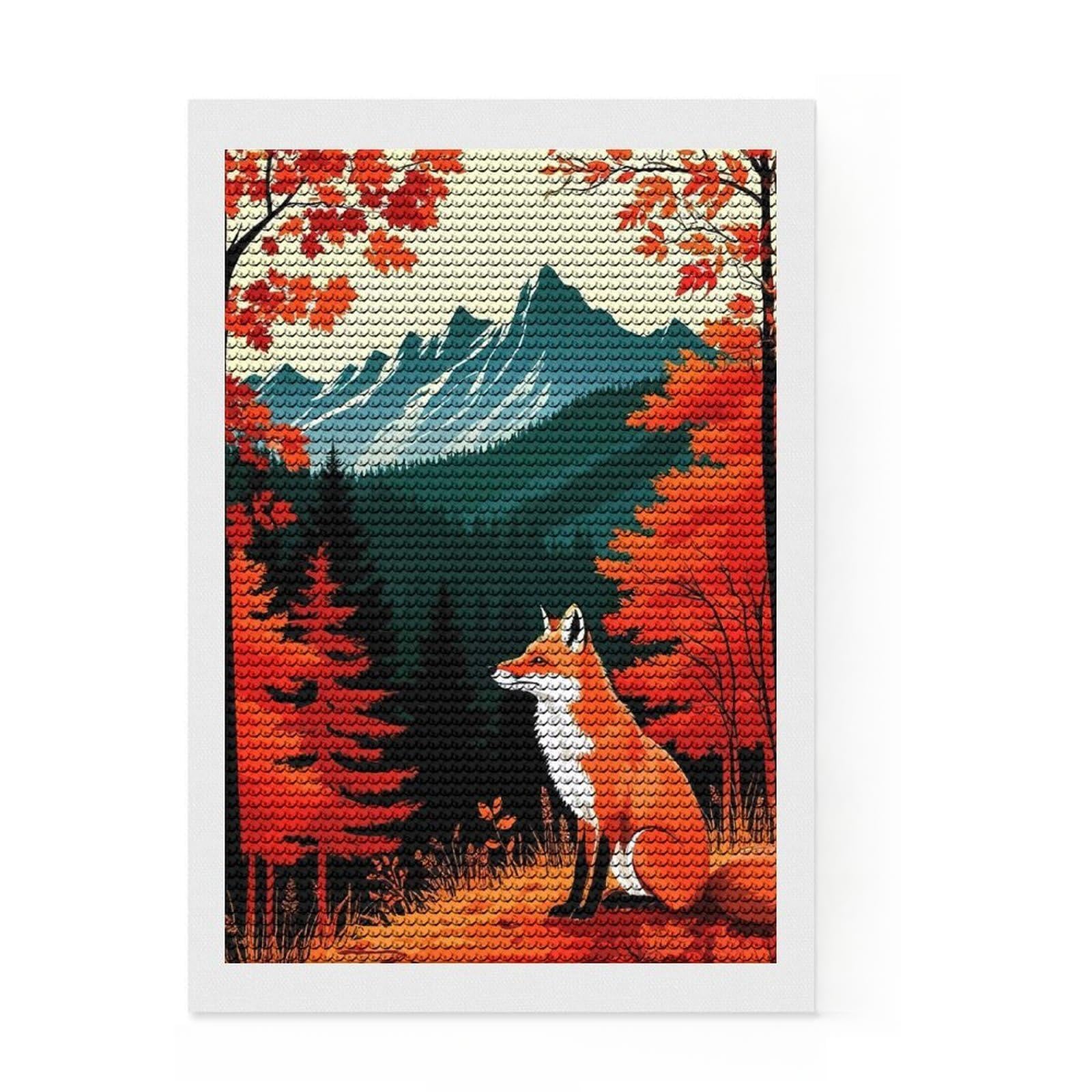 Junmoney Fox Autumn Mountain Landscape Diamond Style Art Kit 8"x12", Round Gems, Mindful Craft Project, Thoughtful Present, Aesthetic Room Decor