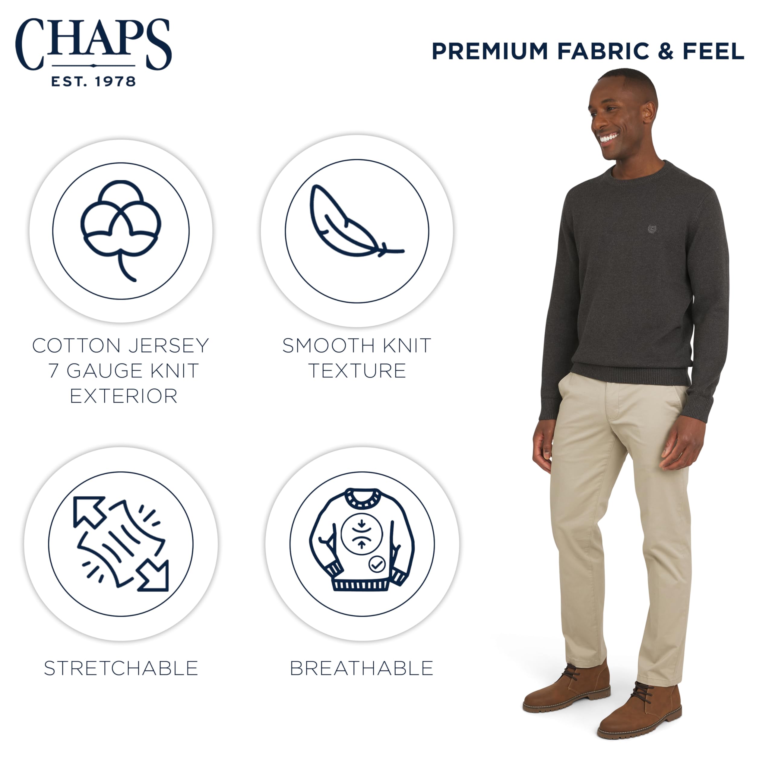 Chaps Herren Classic Fit Long Sleeve Cotton Jersey Midweight Crewneck Sweater Pullover (1er Pack)