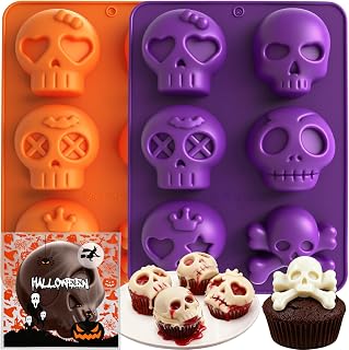 Skull Molds for Baking, 2 Pack Halloween Silicone Molds Baking Pan with 100pcs Treat Bags, 6 Different Skull Shape Chocolate Covered Oreos Cookie Mold for Chocolate Candy Ice Cube Handmade Soap Jelly