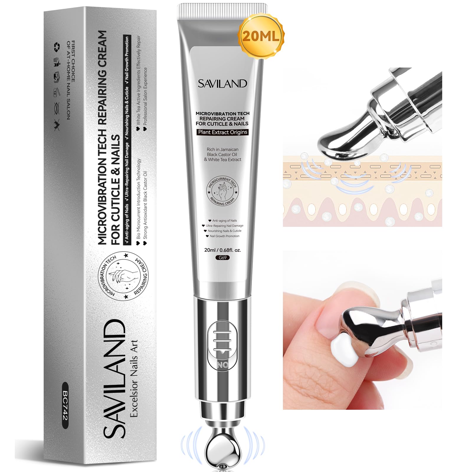 SAVILAND Ultra-Repairing Cuticle Cream: 20ml Organic Black Castor Oil Vitamin E Cuticle Softener for Deep Hydration Nail Care Aging Damaged Dry Cuticles Repair Nail Strengthener Home