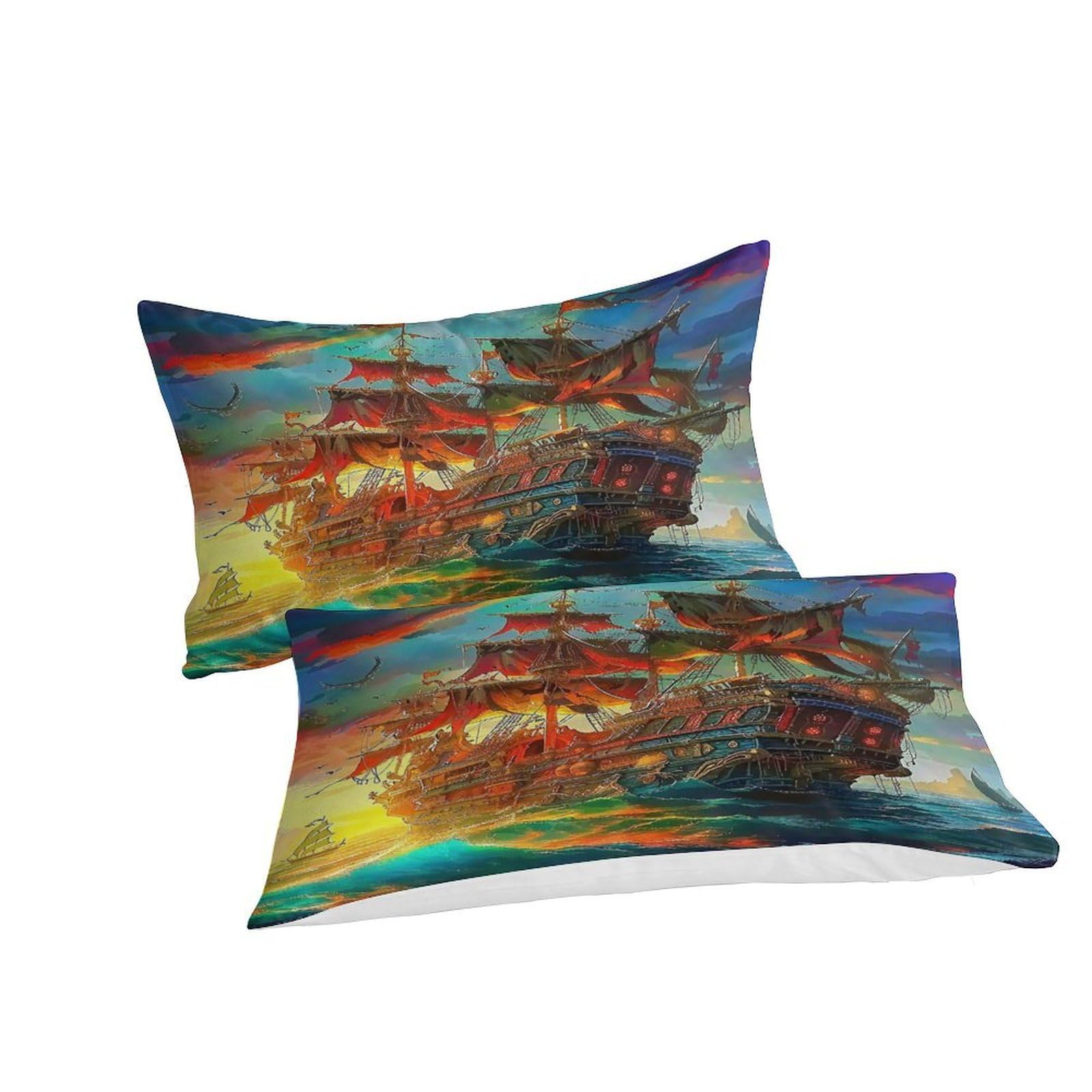 Ensemble de lit navire 3D microfibre 200x200cm avec housse de couette paysage et taies d'oreillers