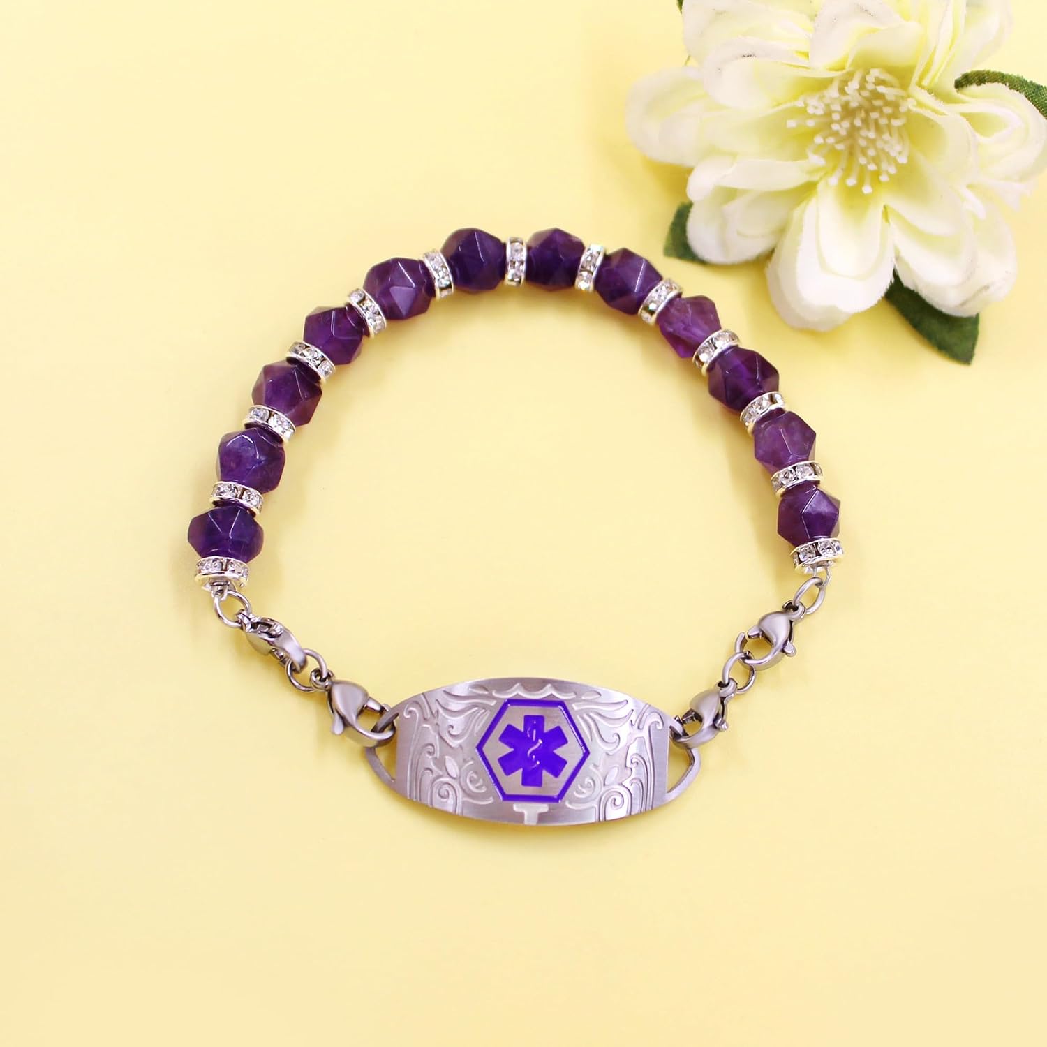 Women’s Medical ID Bracelet｜Purple Crystal Beads｜Stainless Steel Laser Engraved｜Lightweight, Waterproof & Comfortable｜Customizable Text｜Daily, Sports & Outdoor Wear