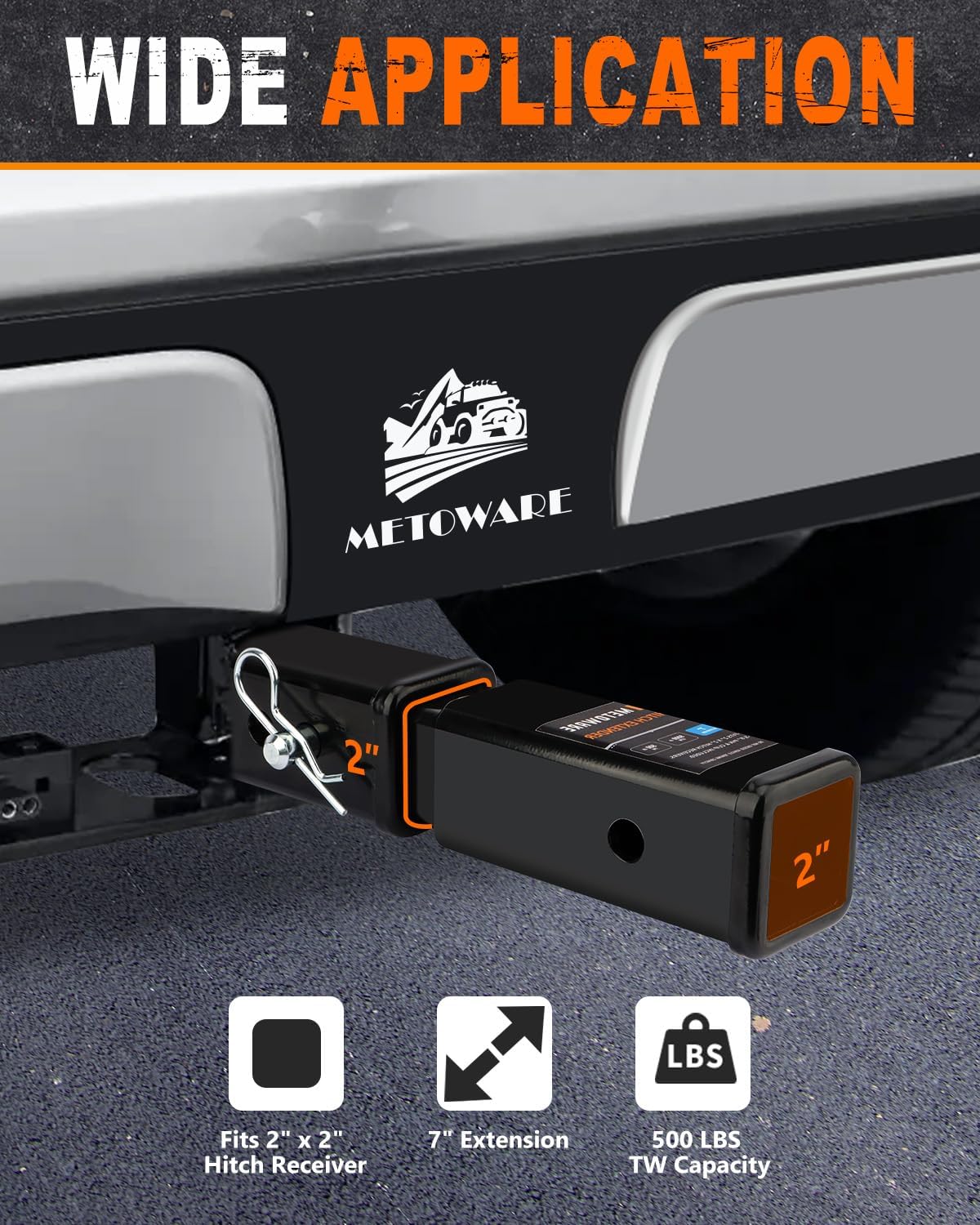 METOWARE Trailer Hitch Receiver, 7 Inch Length Hitch Extender Fits 2 Inch Receiver Tube, 5000 LBS GTW, 5/8” Pin & Clip Included