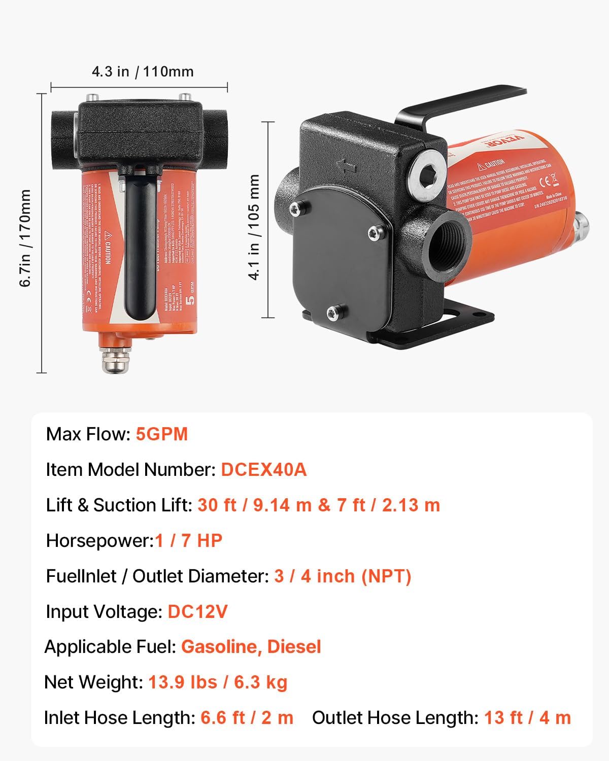 VEVOR 12V DC Fuel Transfer Pump, 5.3 GPM, Portable Electric Diesel Transfer Pump, with Auto Shut-Off Fuel Nozzle, Long Inlet & Outlet Hose, 1/10 HP for Gasoline, Kerosene, Diesel, Methanol Blends