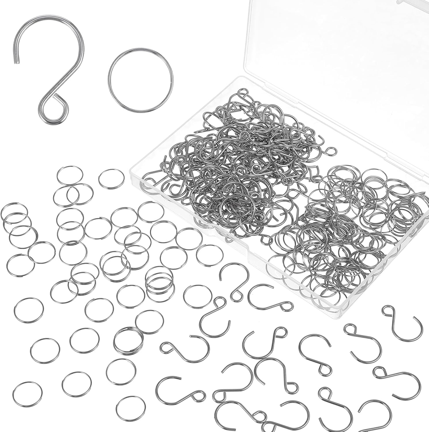 Amaxiu 300Pcs Stainless Steel Split Rings Connector and Mini S-Shaped Hooks