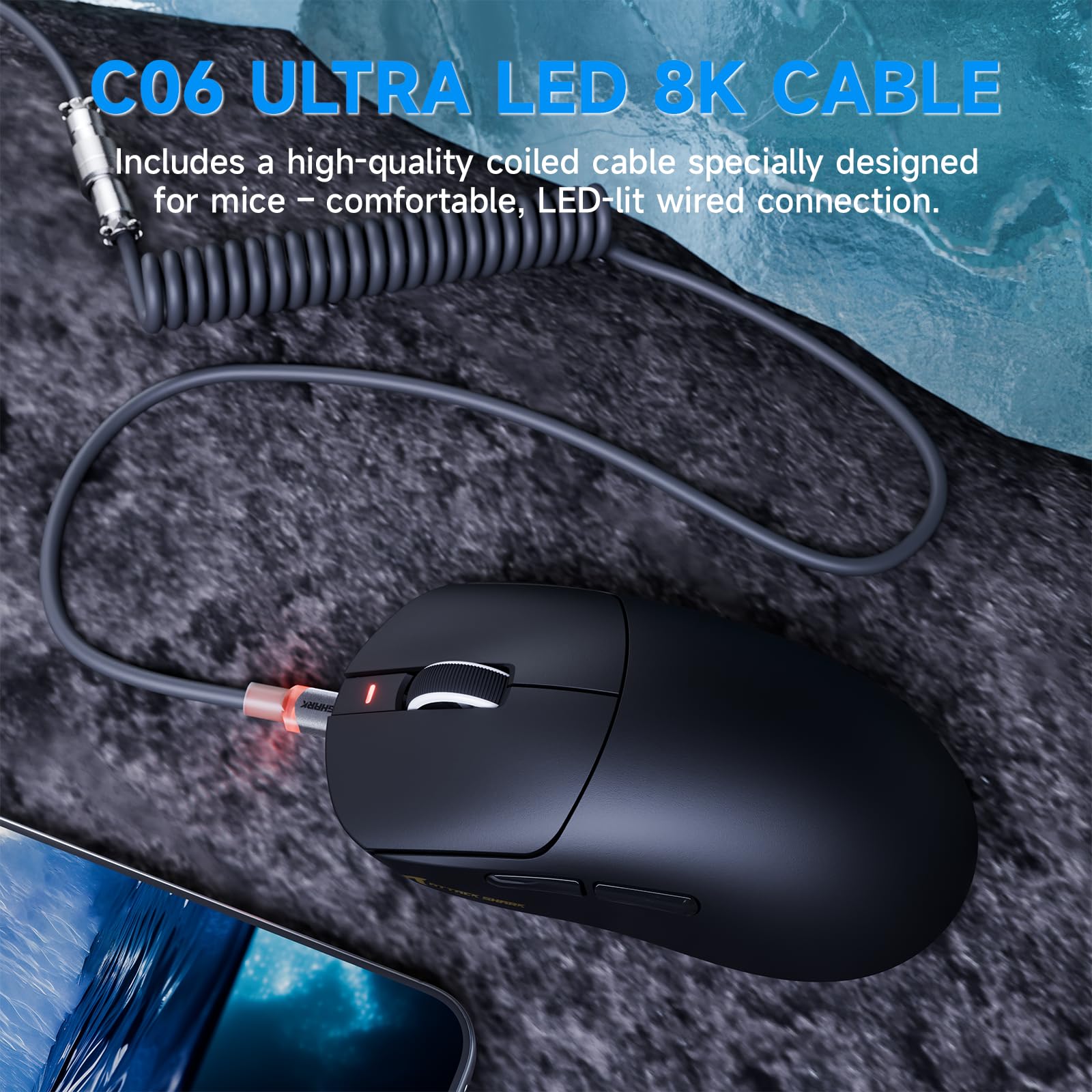 ATTACK SHARK X8 PLUS Bezprzewodowa Mysz Gamingowa z Przewodem LED C06 Ultra, 55g SUPERLEKKA, dla Dużych Dłoni, Sensor PixArt PAW3395PRO, BT/2.4G/USB, 40000 DPI, Bateria 500mAh (Czarna)