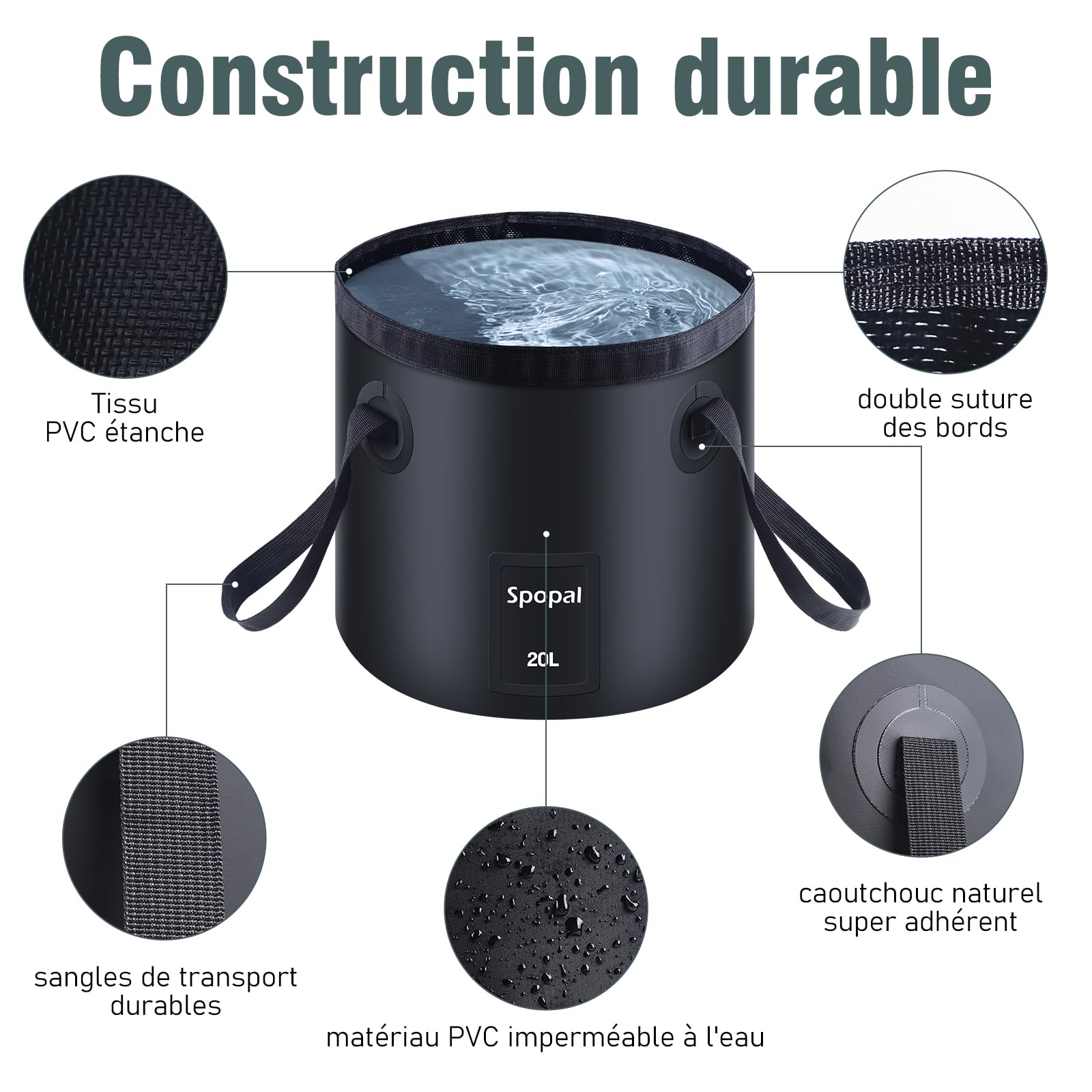 Seau Pliable Spopal 20 L – Imperméable, Léger, Pour Pêche, Camping, Jardin