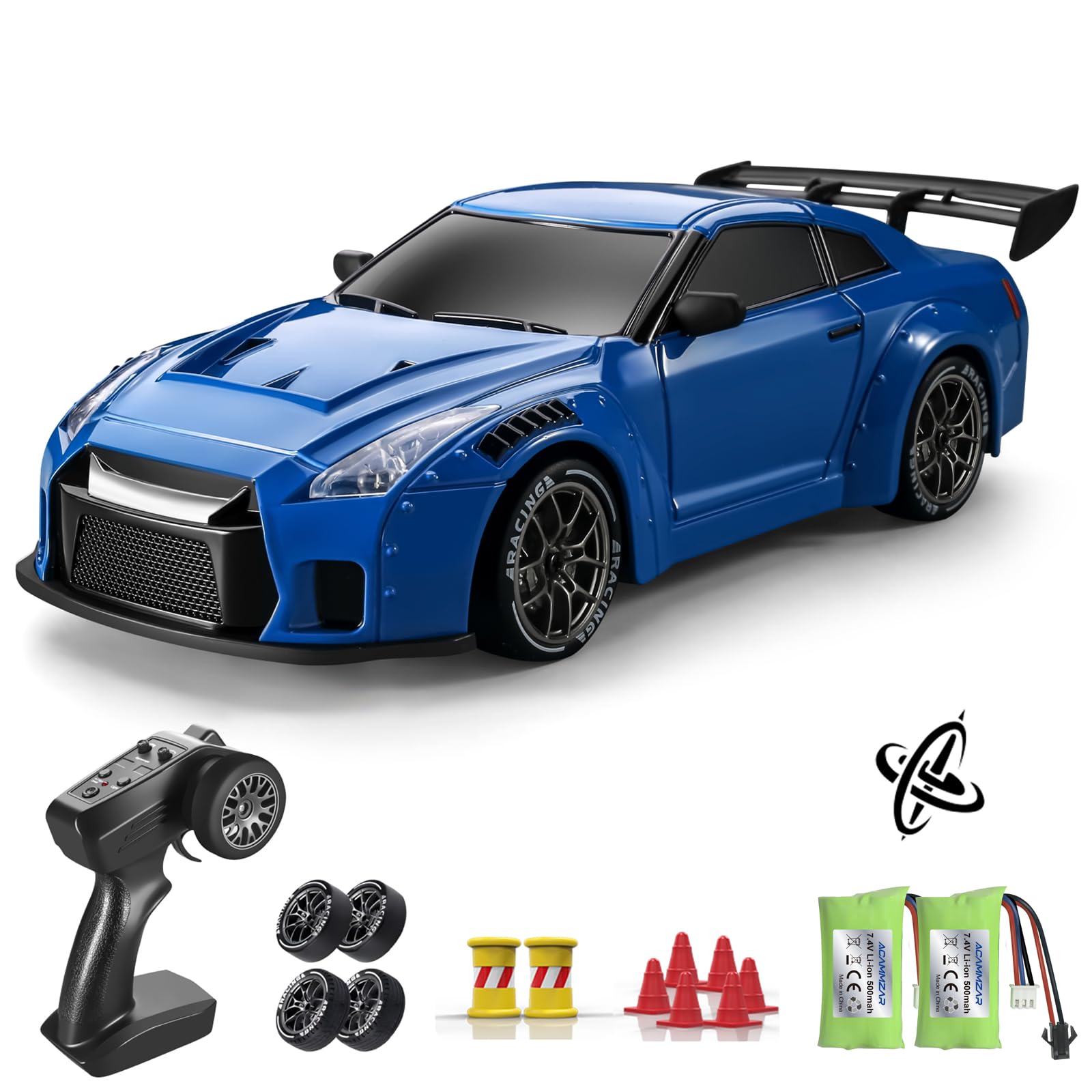 ACAMMZAR RC Drift Car with Gyro, 1:24 Full Proportional Remote Control Car, 25KM/H 4WD High Speed RC Cars with Lights, Extra Racing Tires, Vehicle for Adults Kids Boys Girls, Blue