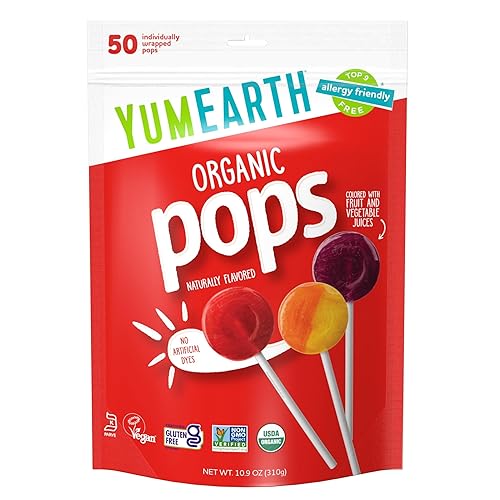 YumEarth Paletas con sabor a fruta orgánica 50 paletas aptas para alérgicos sin gluten sin organismos modificados genéticamente veganas sin sabores