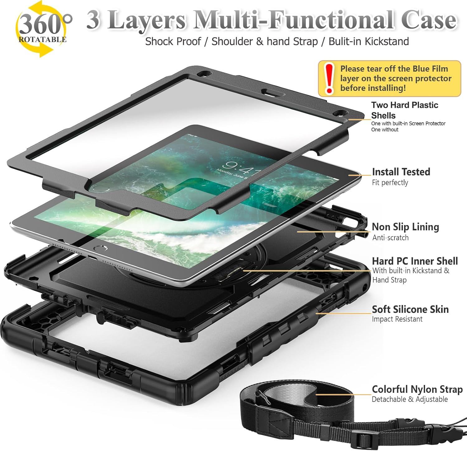 SEYMAC stock Case for iPad 6th / 5th Generation Case/Air 2 / Pro 9.7 inch, Heavy Duty Protective with Screen Protector, with Pencil Holder, Hand Strap, Shoulder Strap, 360 Rotate Stand, Black