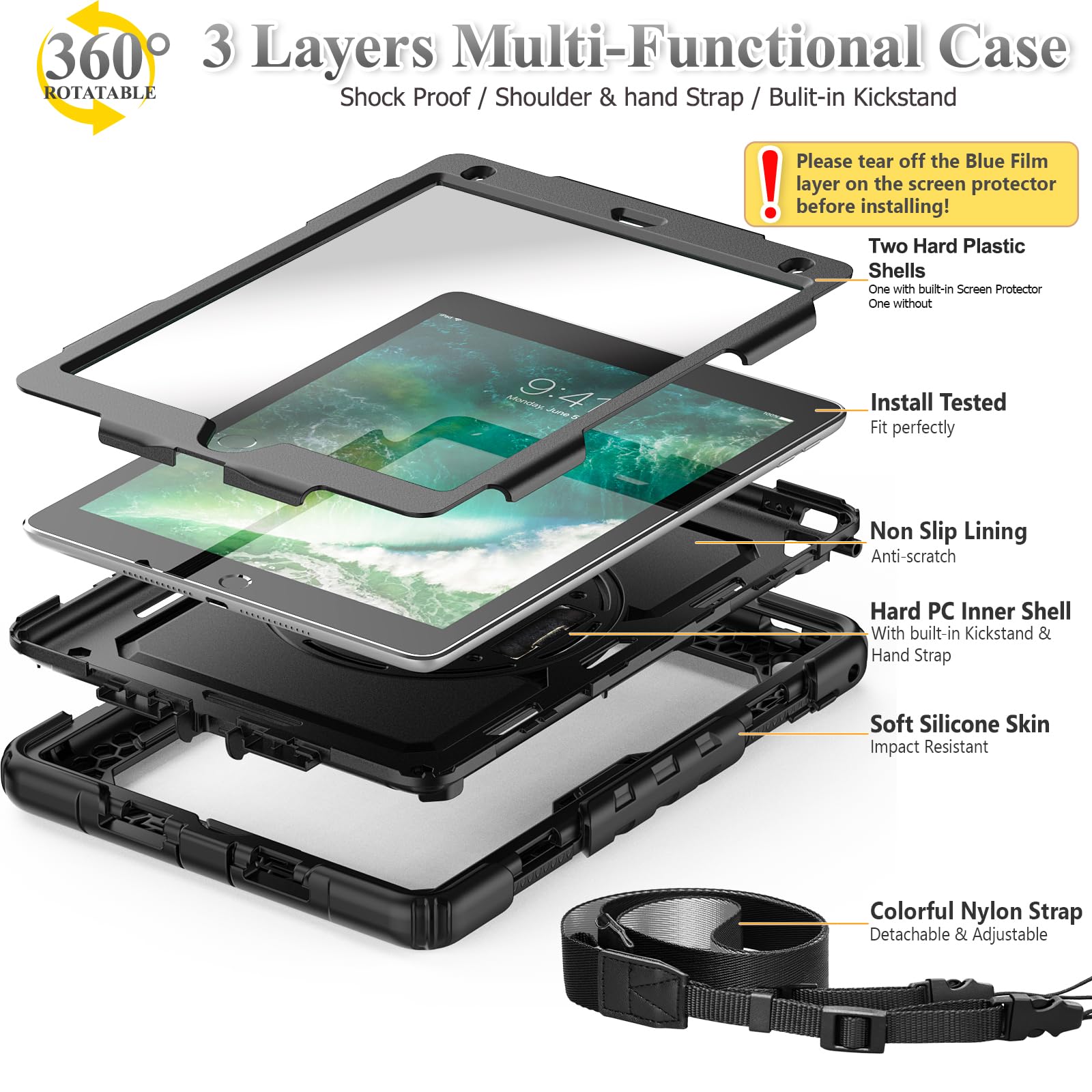 SEYMAC stock Case for iPad 6th / 5th Generation Case/Air 2 / Pro 9.7 inch, Heavy Duty Protective with Screen Protector, with Pencil Holder, Hand Strap, Shoulder Strap, 360 Rotate Stand, Black — Amazon image 6