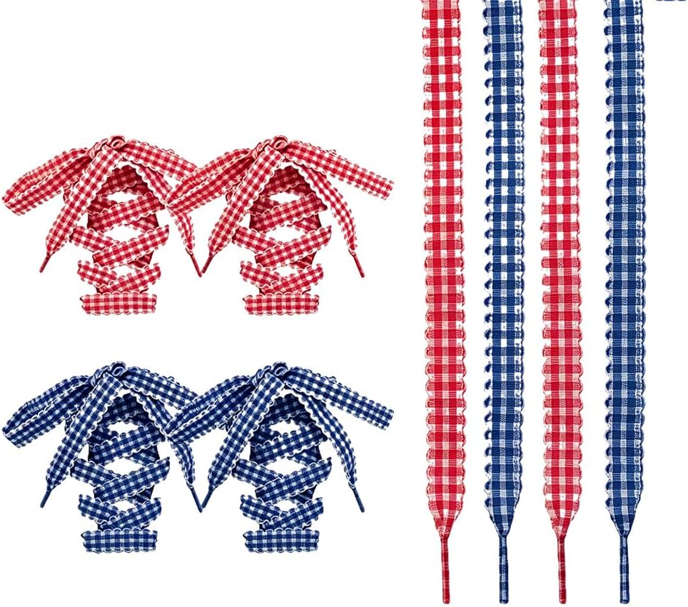 YALLNASL Flat Colorful Plaid Shoelaces Set - Thin Ribbon Gingham Shoe Laces for Women Sneakers Checkered Shoestrings 2 Pairs