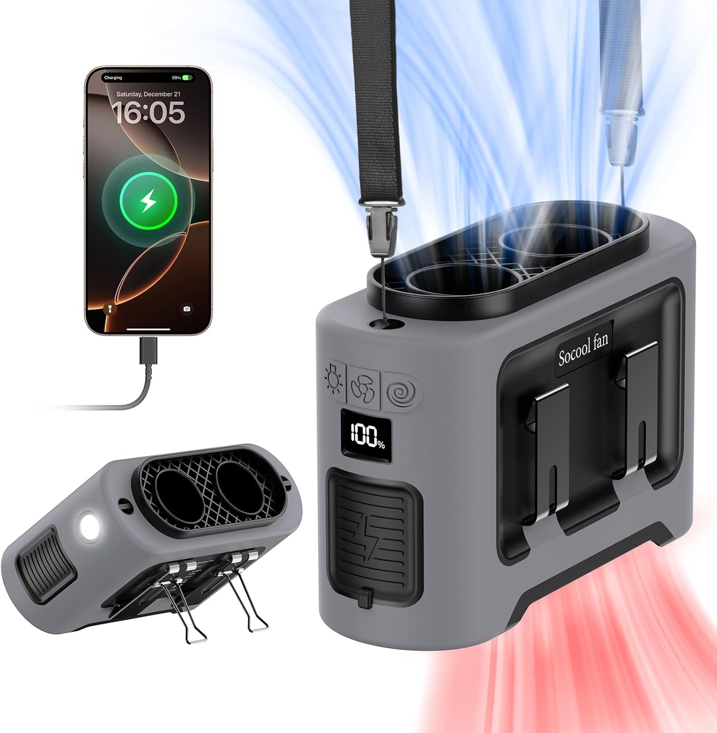 Socool 14500mAh Portable Waist Fan Clip On Wearable Belt Fan with 5 Speeds & Flashlight Hanging Neck Personal Fans 40 Hrs Long Lasting Cooling For Travel Outdoor Working