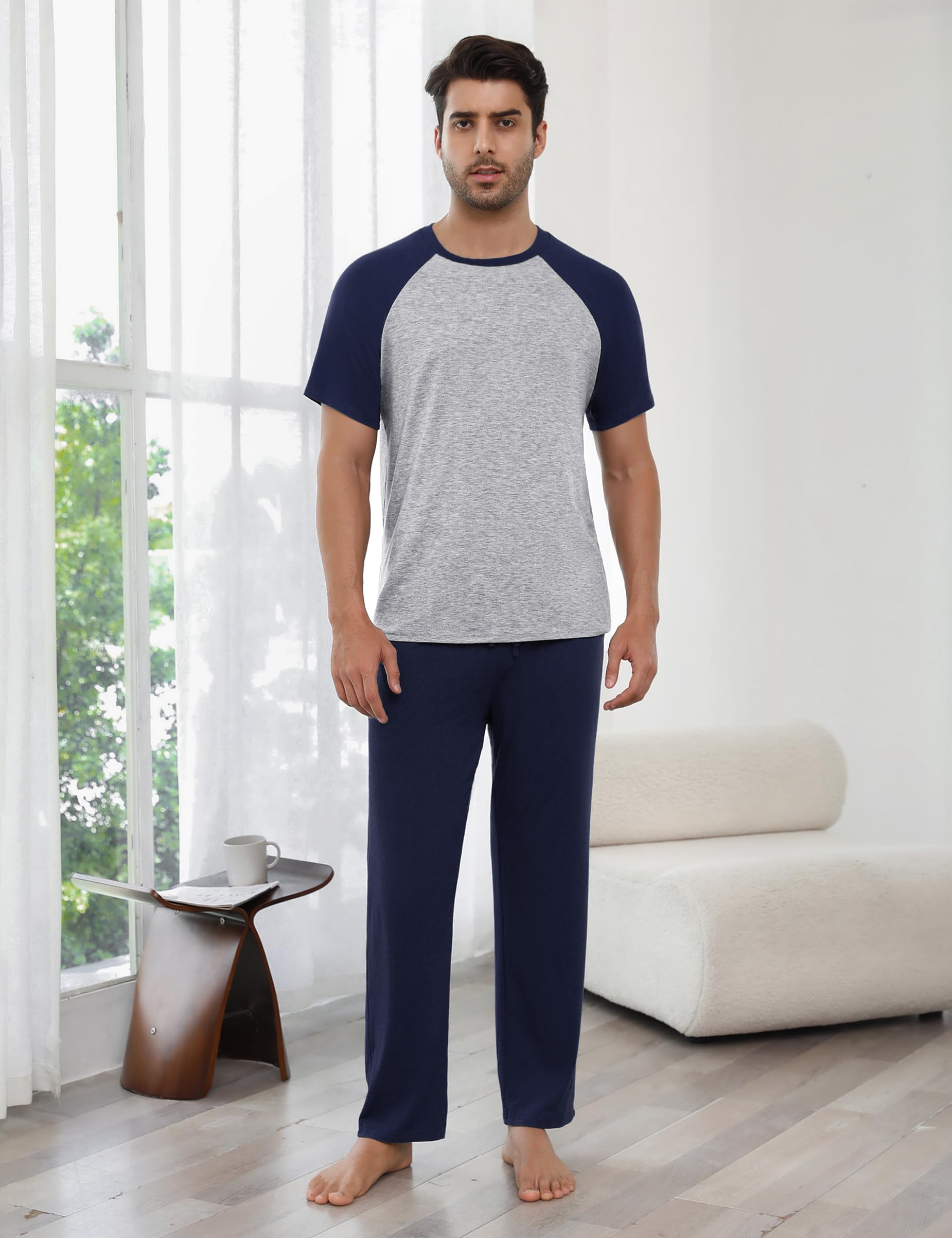 Bresdk Pyjama Homme Coton Ensembles de Pyjamas à Manches Courtes et Pantalons Vêtements de Détente Deux Pièces Confortable Doux