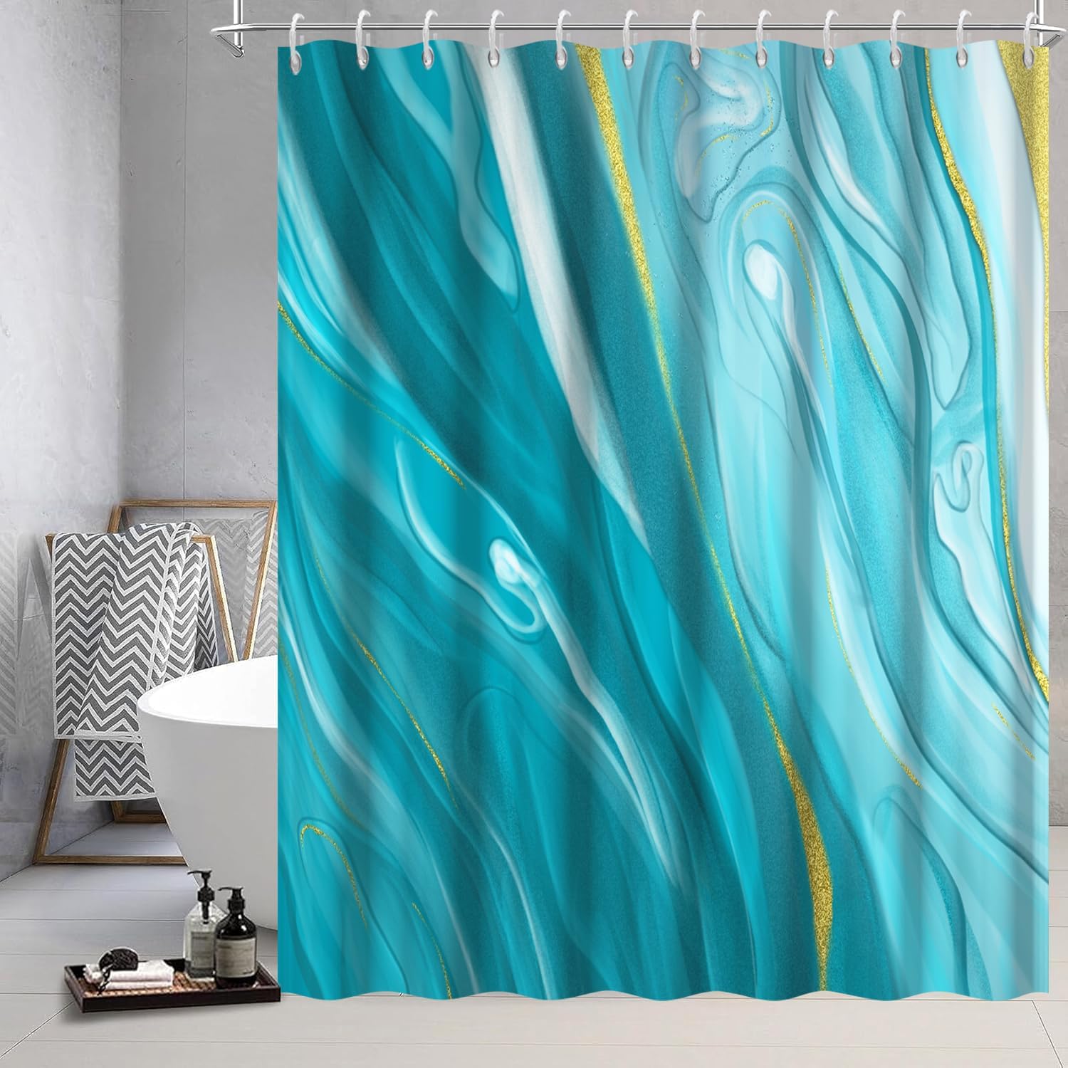 Blue Shower Curtain, Liquid Teal and Gold Marble Shower Curtain for Bathroom Modern Aesthetic Waterproof Peacock Blue Shower Curtain Set with Hooks, 72x78 Inch
