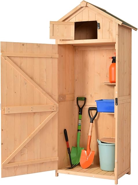 Outsunny Garden Shed Vertical Utility 3 Shelves Shed Wood Outdoor Garden Tool Storage Unit Storage Cabinet, 77 x 54.2 x 179cm - Burlywood