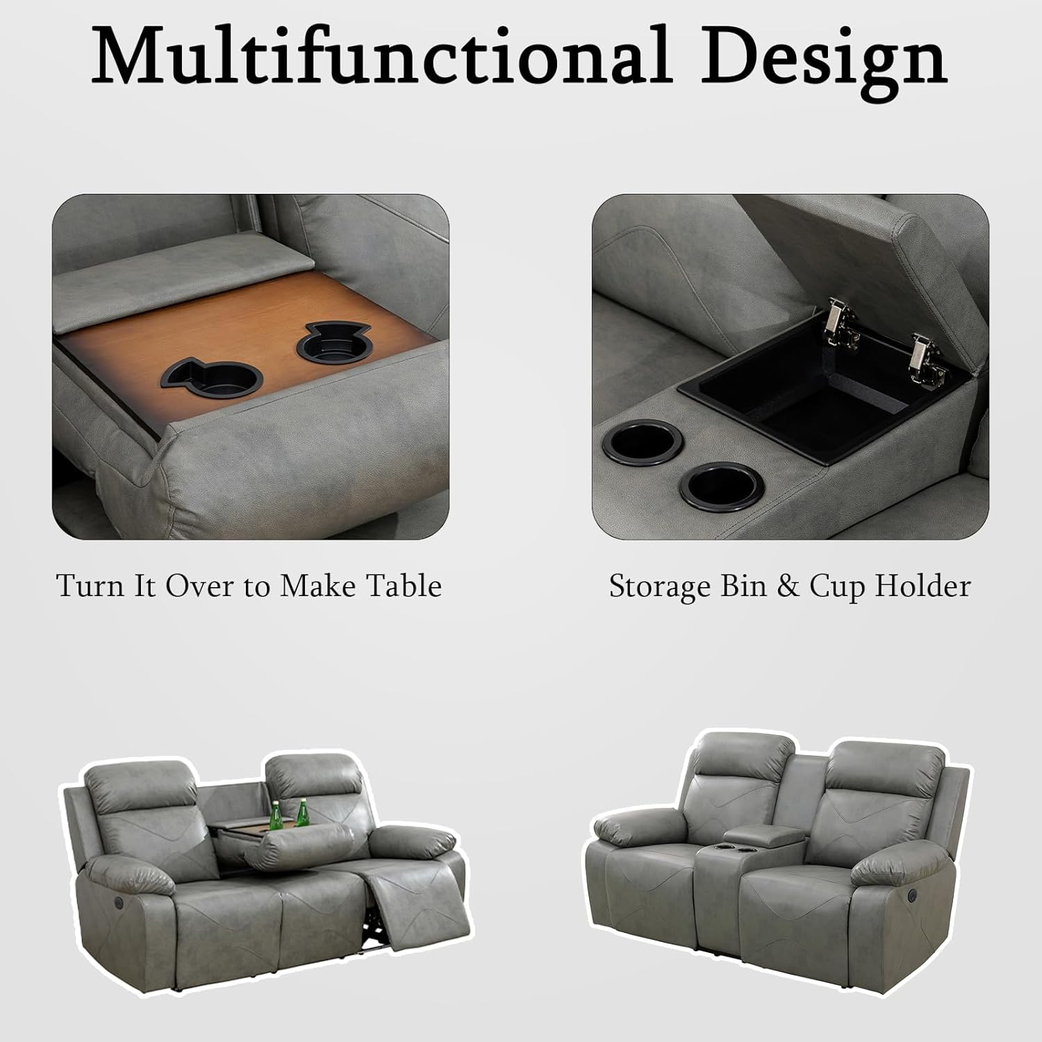 2 Piece Leather Power Recliner Sofa Set with USB Ports,LED Ambient Lighting & Storage Console, Modern Ergonomic Sectional Couch for Living Room,Home Theater Seating (Loveseat+Sofa,Grey) | USB ports, LED ambient lighting, a drop-down console, Storage Compartment, Cup Holders