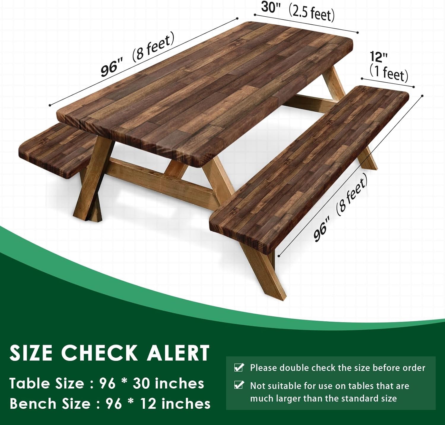 Picnic Table Cover with Bench Covers Elastic Edges, Brown Wood Fitted Table Cover, Outdoor Patio Camping Essentials 96 Inch 3PCS, Waterproof Camping Fitted Tablecloth with Drawstring Bag