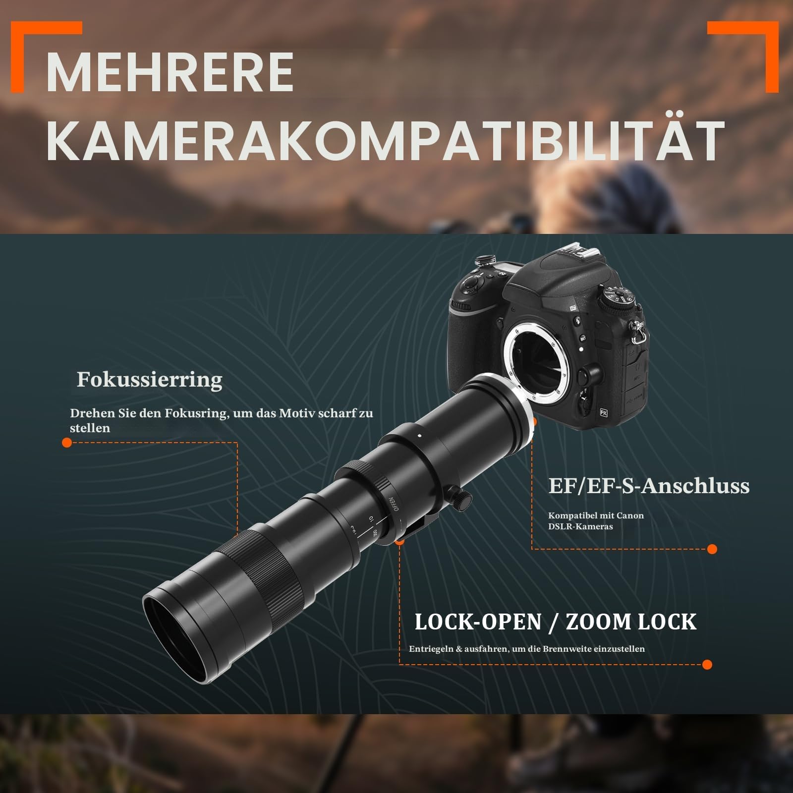 BENOISON Teleobjektiv 420-800mm, EF Objektiv für Canon DSLR, Manueller Fokus MF Zoom Objektiv für Canon 4000D 2000D 1500D 1300D 1200D 850D 800D 750D 600D 500D 250D 90D 80D 77D 7D 6D 5D 1D