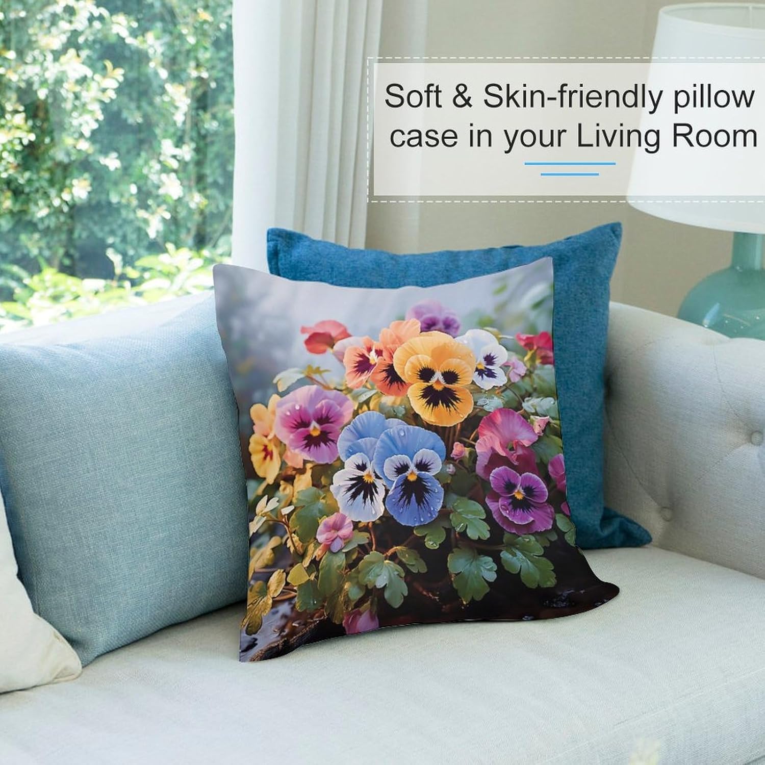 Zippered Pillow Cover, Pillow Protector, Pansy Flowers Printed Pillow Cover of 4, Pillow Not Included